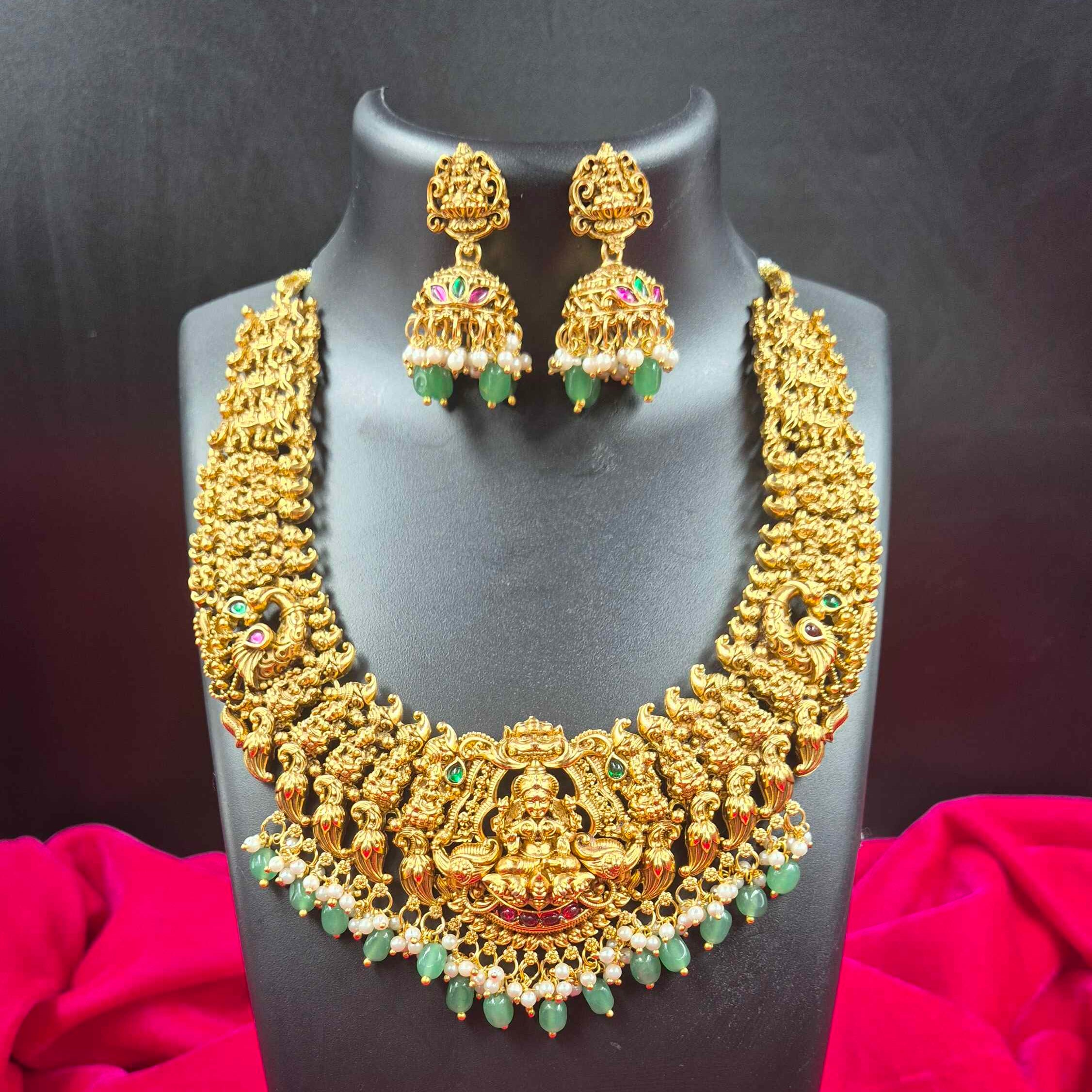 Antique Lakshmi Temple Bridal Necklace Set with Peacock Design, Green Beads & Jhumka Earrings