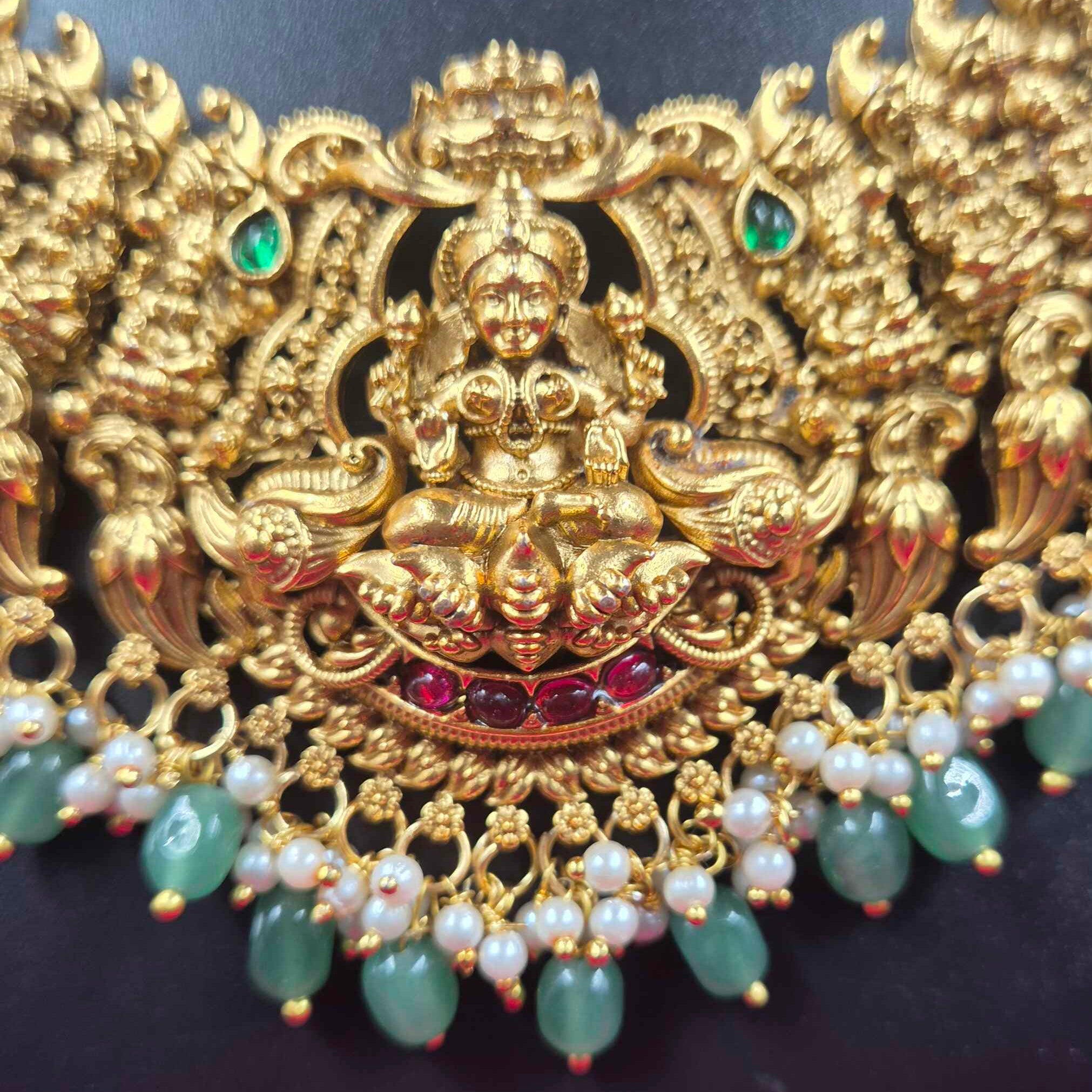 Antique Lakshmi Temple Bridal Necklace Set with Peacock Design, Green Beads & Jhumka Earrings