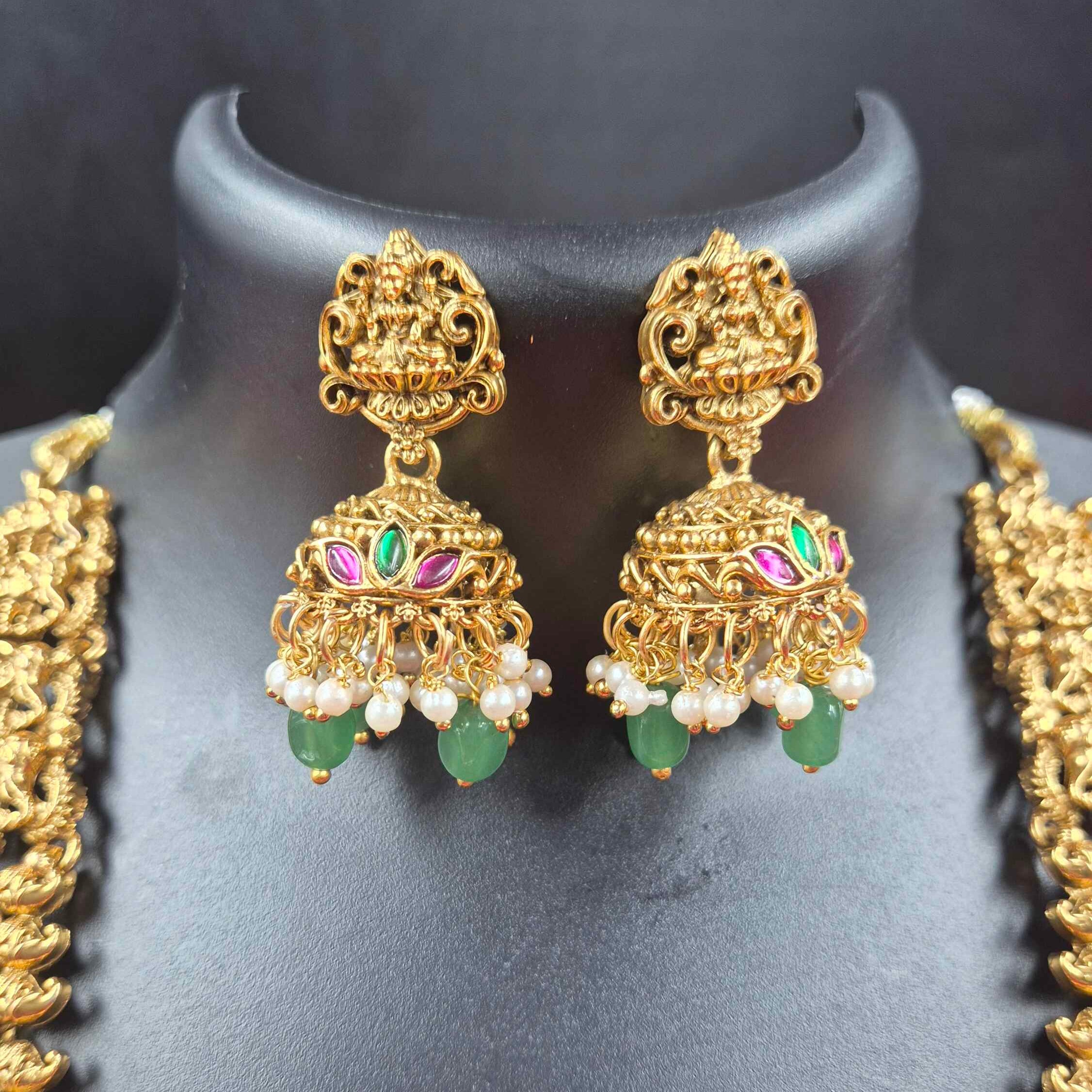 Antique Lakshmi Temple Bridal Necklace Set with Peacock Design, Green Beads & Jhumka Earrings