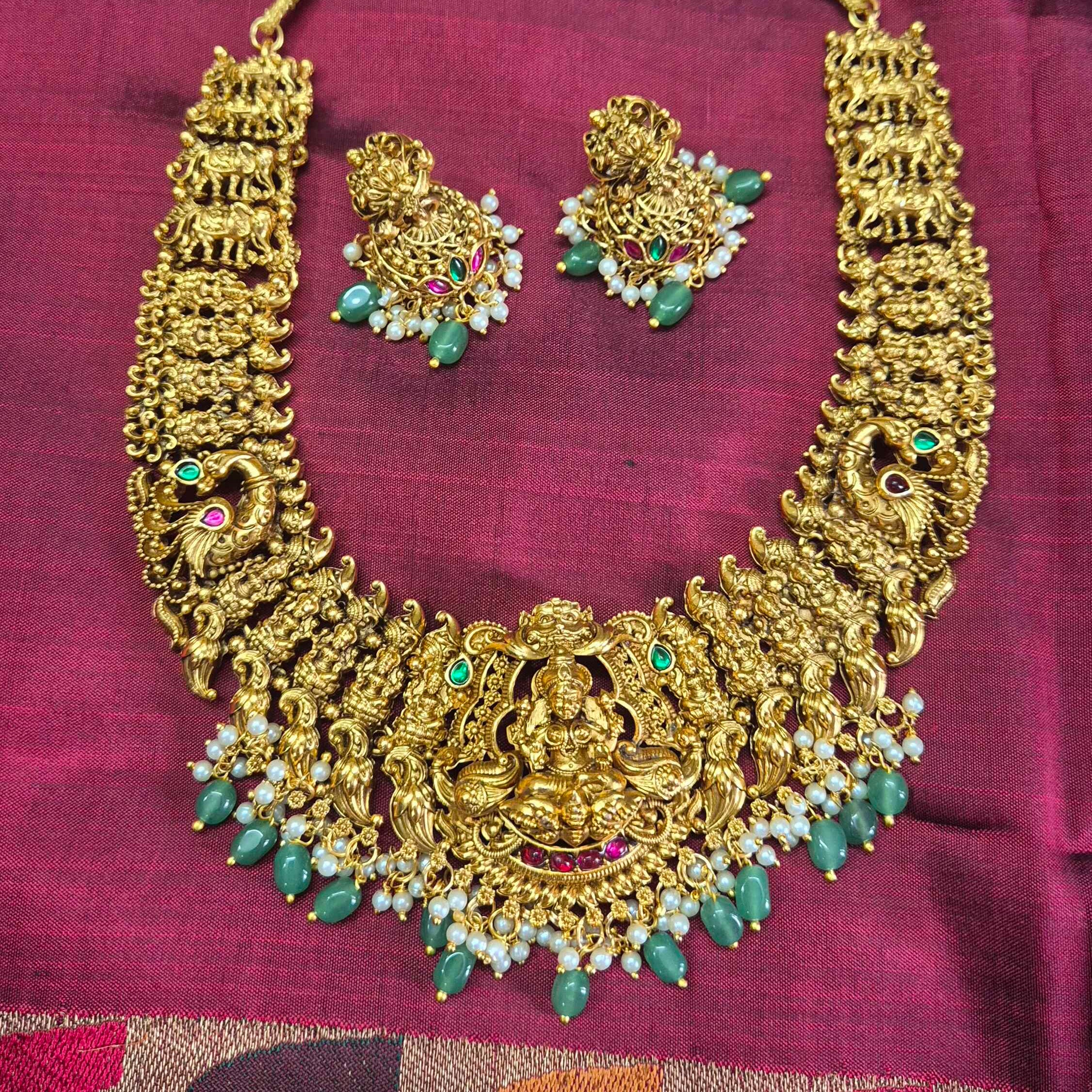 Antique Lakshmi Temple Bridal Necklace Set with Peacock Design, Green Beads & Jhumka Earrings