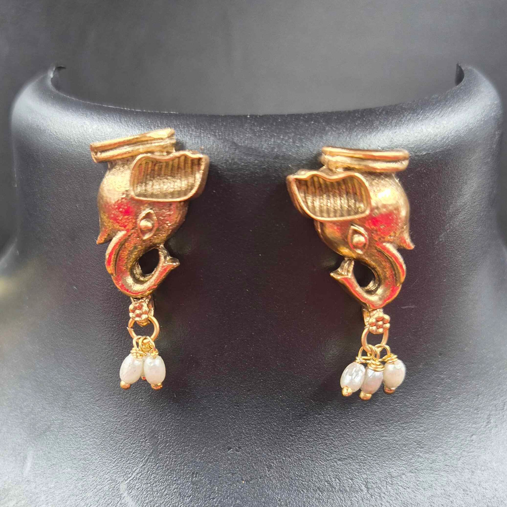 Antique Elephant Motif Choker Necklace Set with Ruby Stones & Pearl Drops | Traditional Temple Jewelry