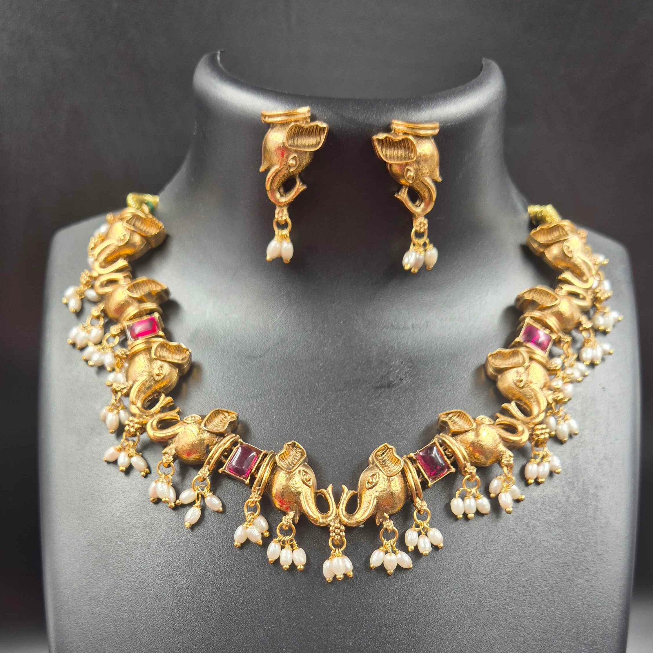Antique Elephant Motif Choker Necklace Set with Ruby Stones & Pearl Drops | Traditional Temple Jewelry