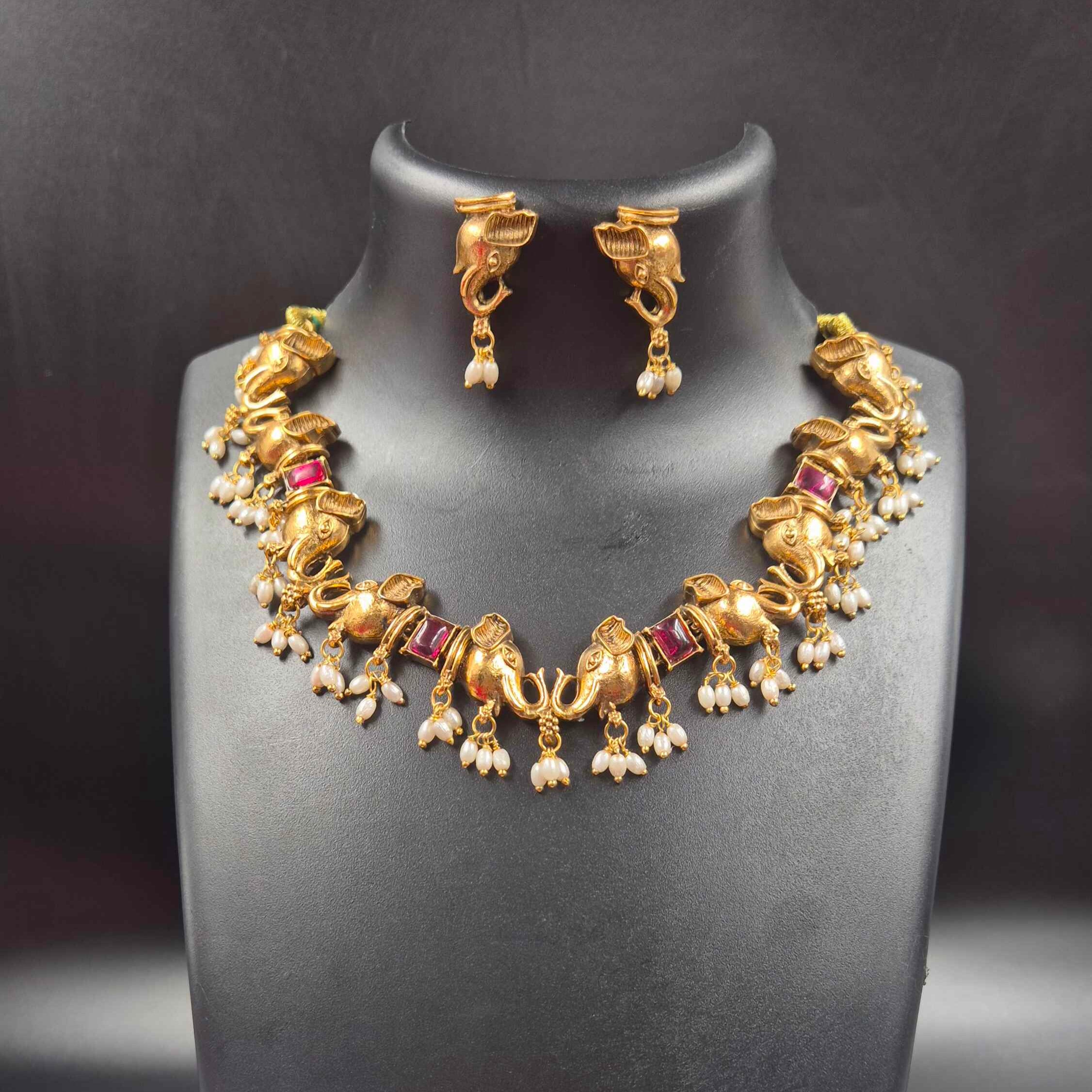 Antique Elephant Motif Choker Necklace Set with Ruby Stones & Pearl Drops | Traditional Temple Jewelry