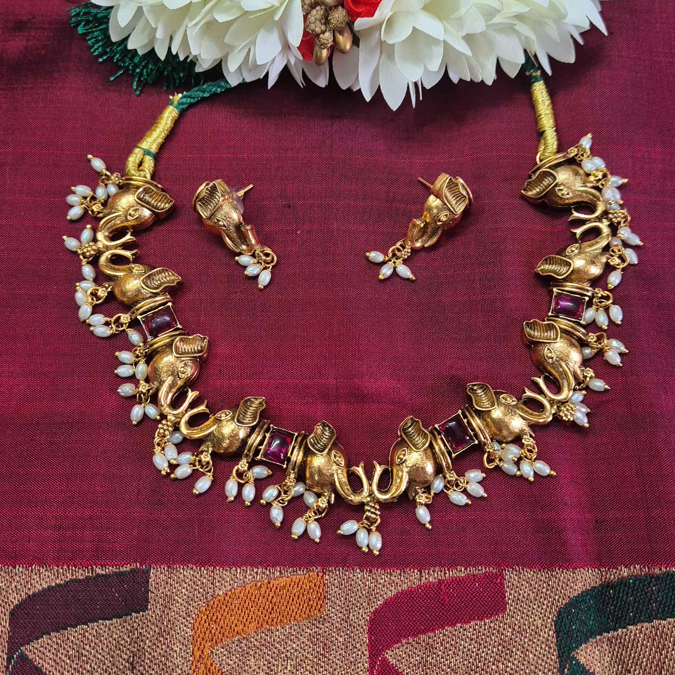 Antique Elephant Motif Choker Necklace Set with Ruby Stones & Pearl Drops | Traditional Temple Jewelry
