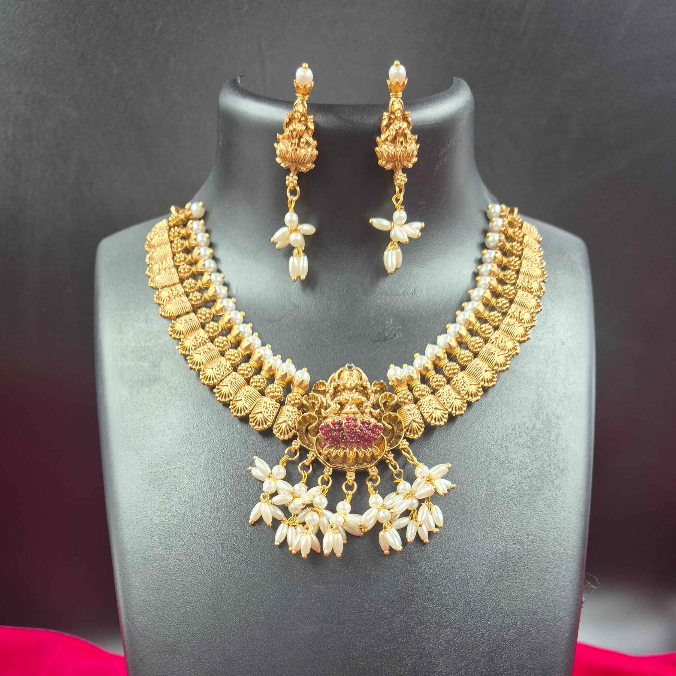 Antique Lakshmi Pearl Choker Necklace Set with Floral Pearl Drops | Traditional Temple Jewelry