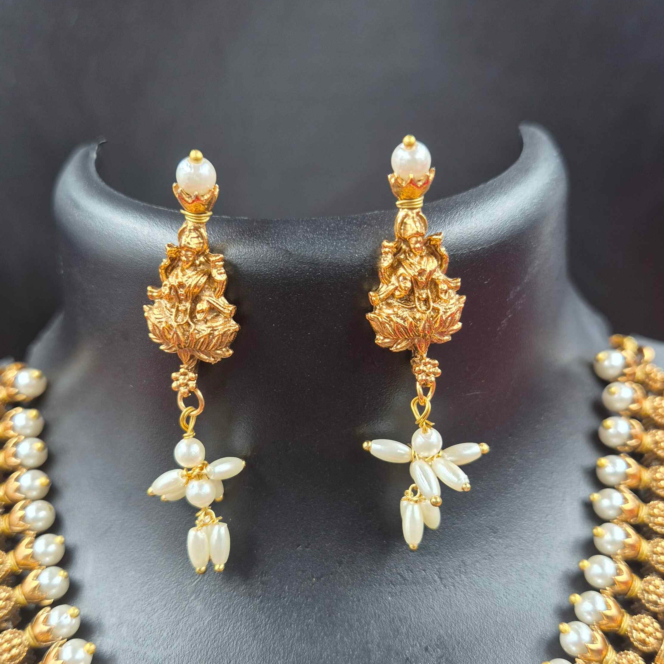 Antique Lakshmi Pearl Choker Necklace Set with Floral Pearl Drops | Traditional Temple Jewelry