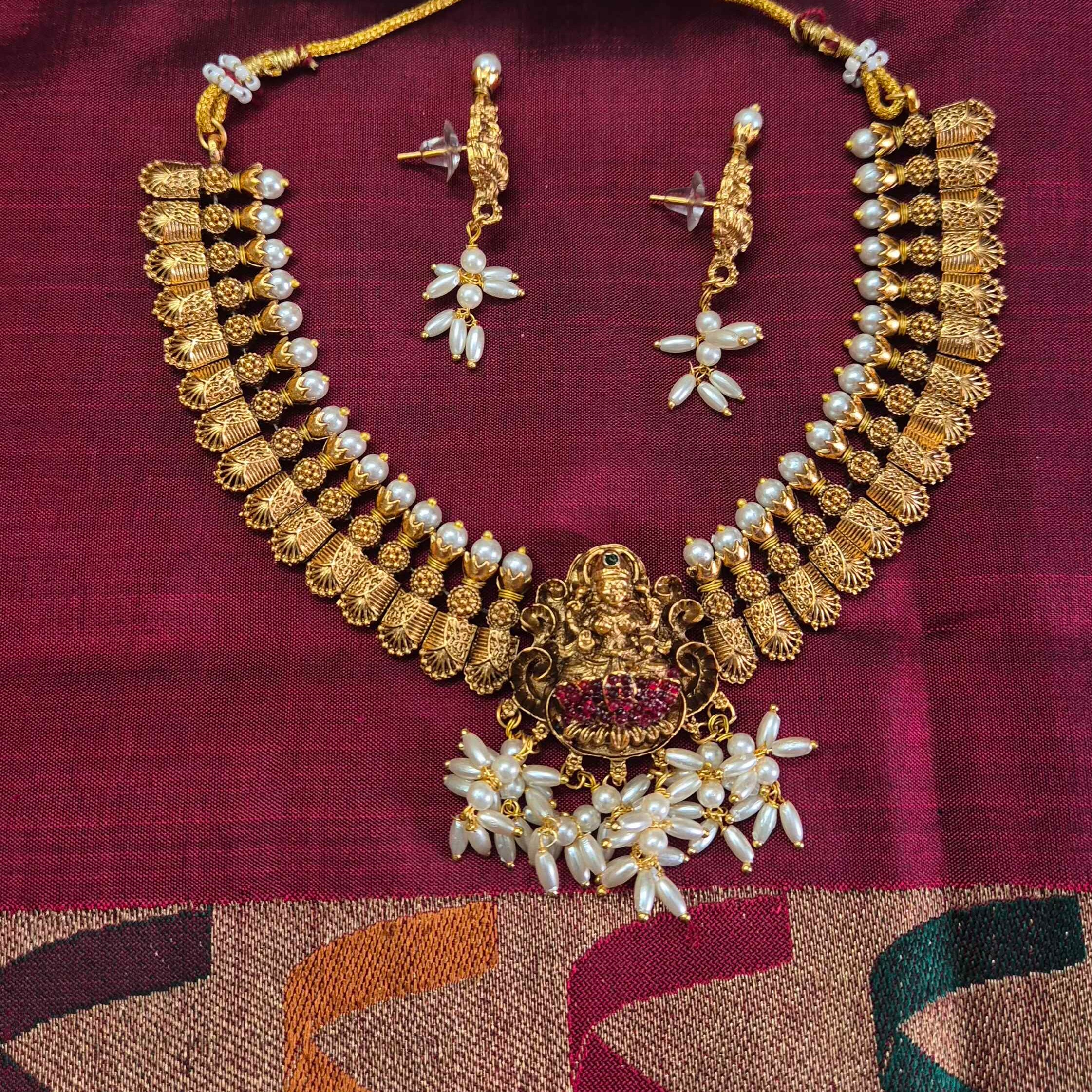 Antique Lakshmi Pearl Choker Necklace Set with Floral Pearl Drops | Traditional Temple Jewelry