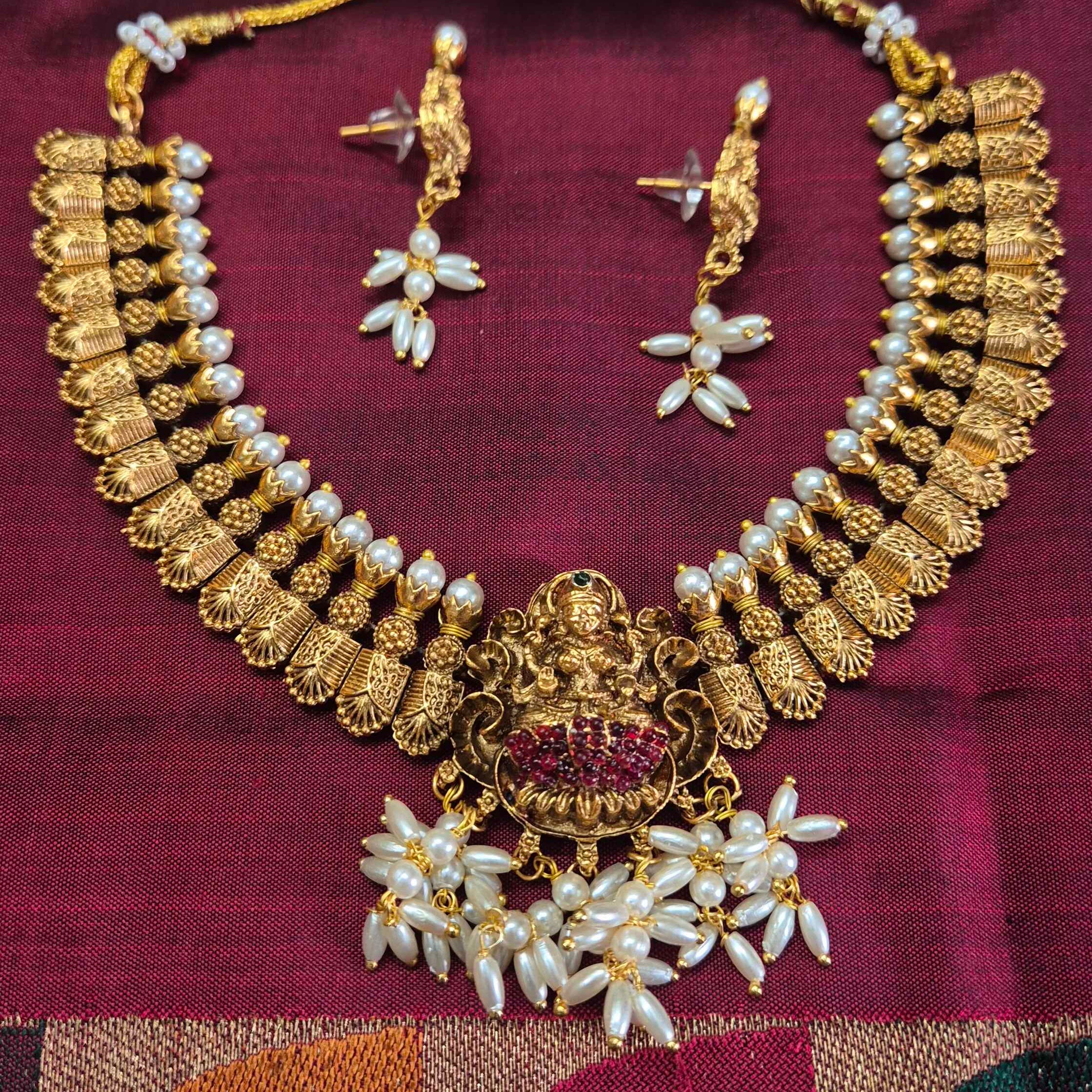 Antique Lakshmi Pearl Choker Necklace Set with Floral Pearl Drops | Traditional Temple Jewelry
