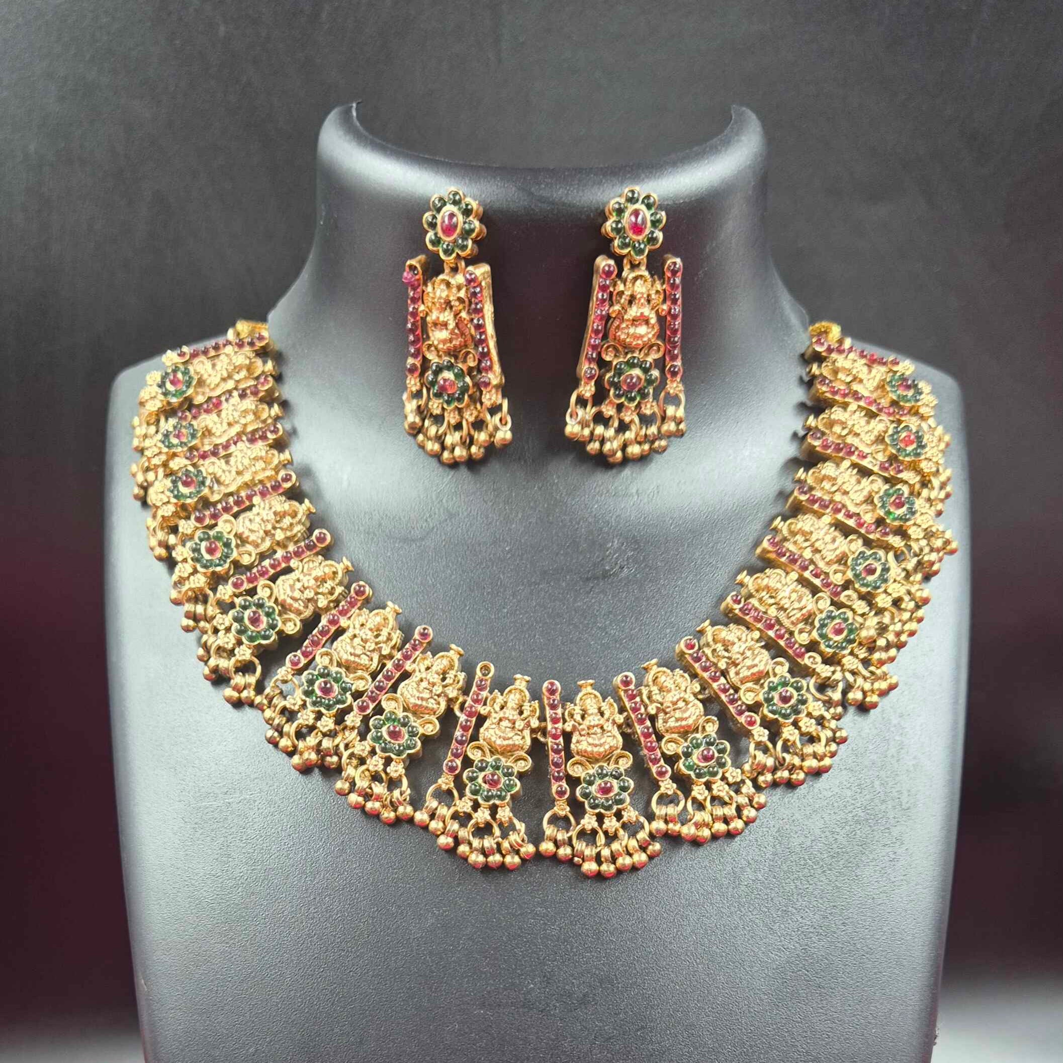 Antique Lakshmi Temple Choker Necklace Set with Ruby & Emerald Stones | Traditional South Indian Jewelry