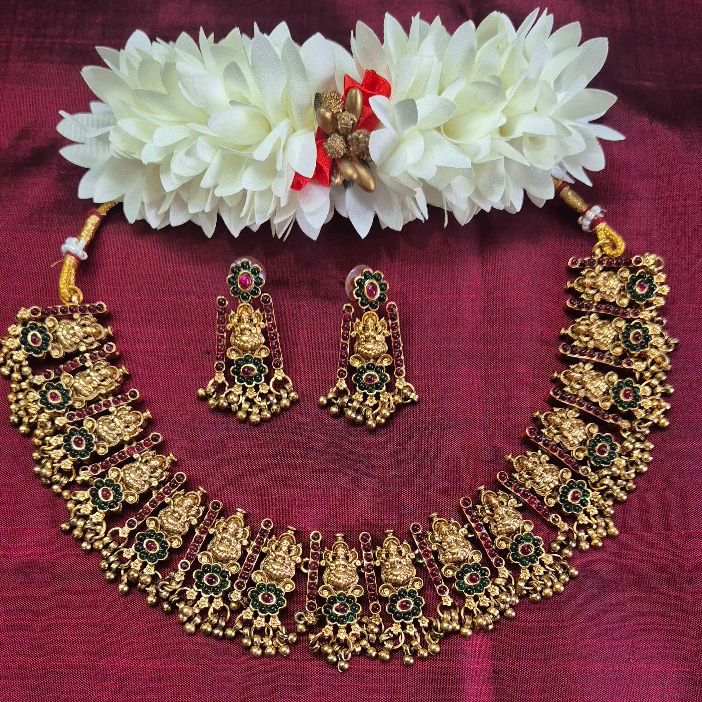 Antique Lakshmi Temple Choker Necklace Set with Ruby & Emerald Stones | Traditional South Indian Jewelry