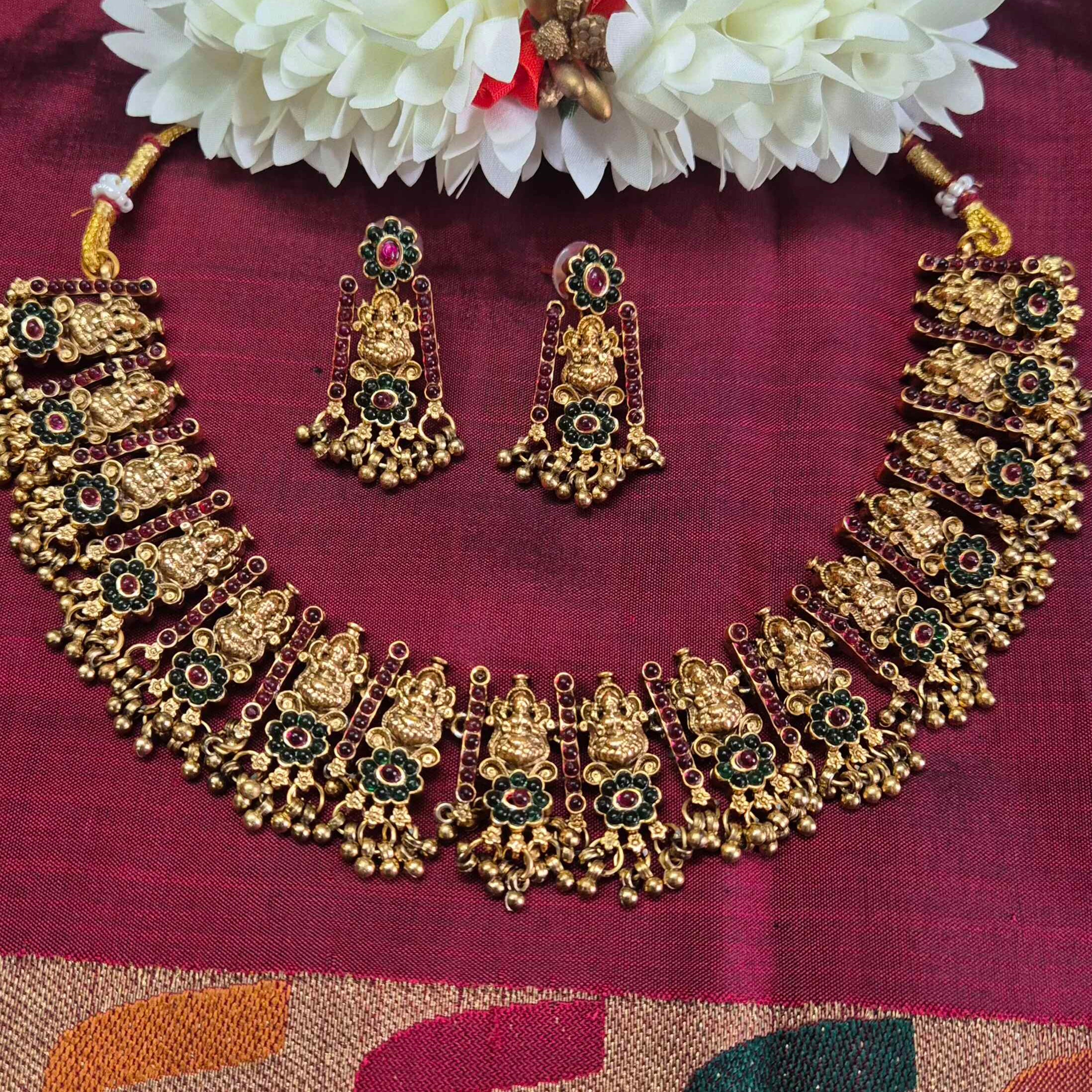 Antique Lakshmi Temple Choker Necklace Set with Ruby & Emerald Stones | Traditional South Indian Jewelry
