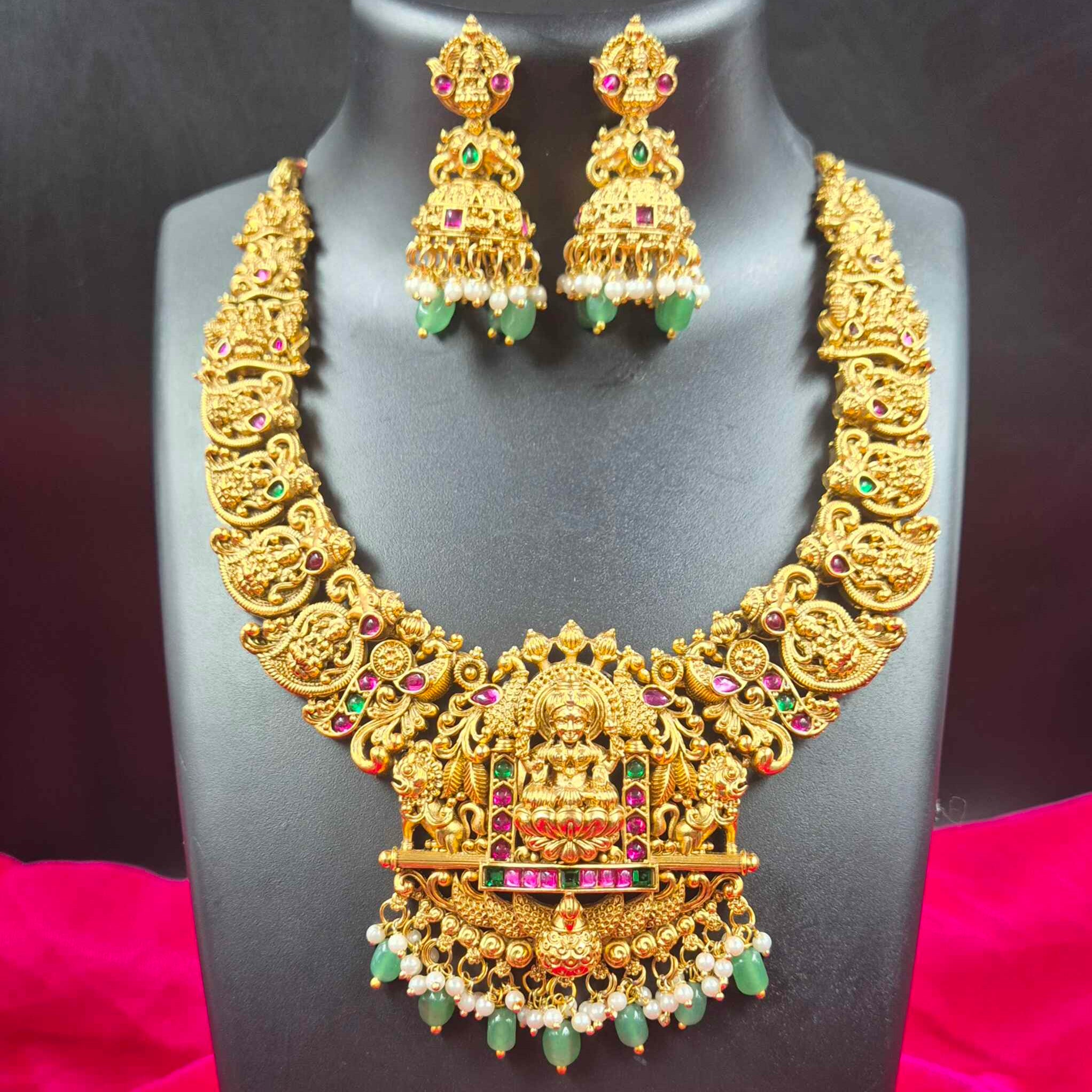 Grand Antique Lakshmi Temple Necklace Set with Green Beads & Jhumka Earrings | Bridal South Indian Jewelry