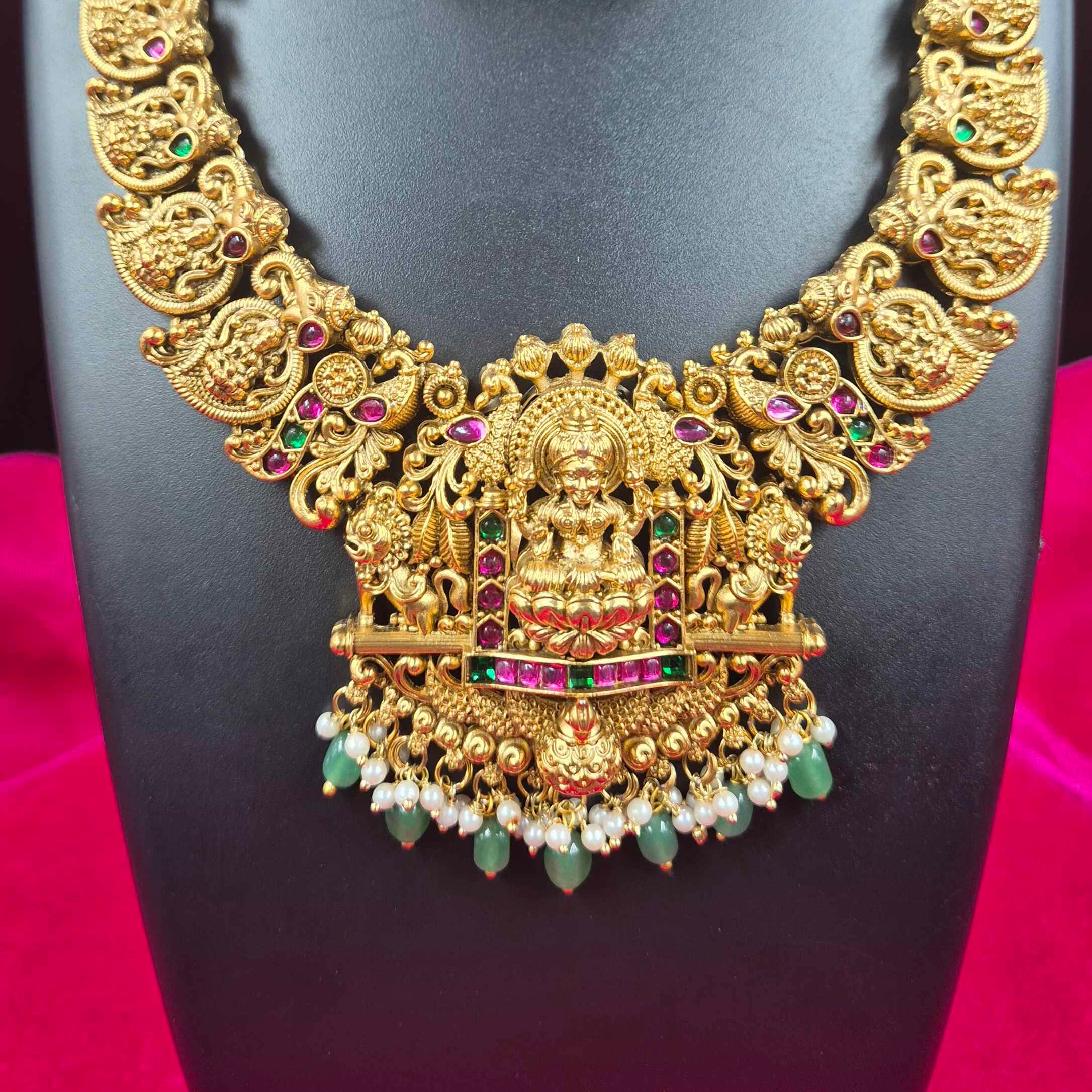Grand Antique Lakshmi Temple Necklace Set with Green Beads & Jhumka Earrings | Bridal South Indian Jewelry