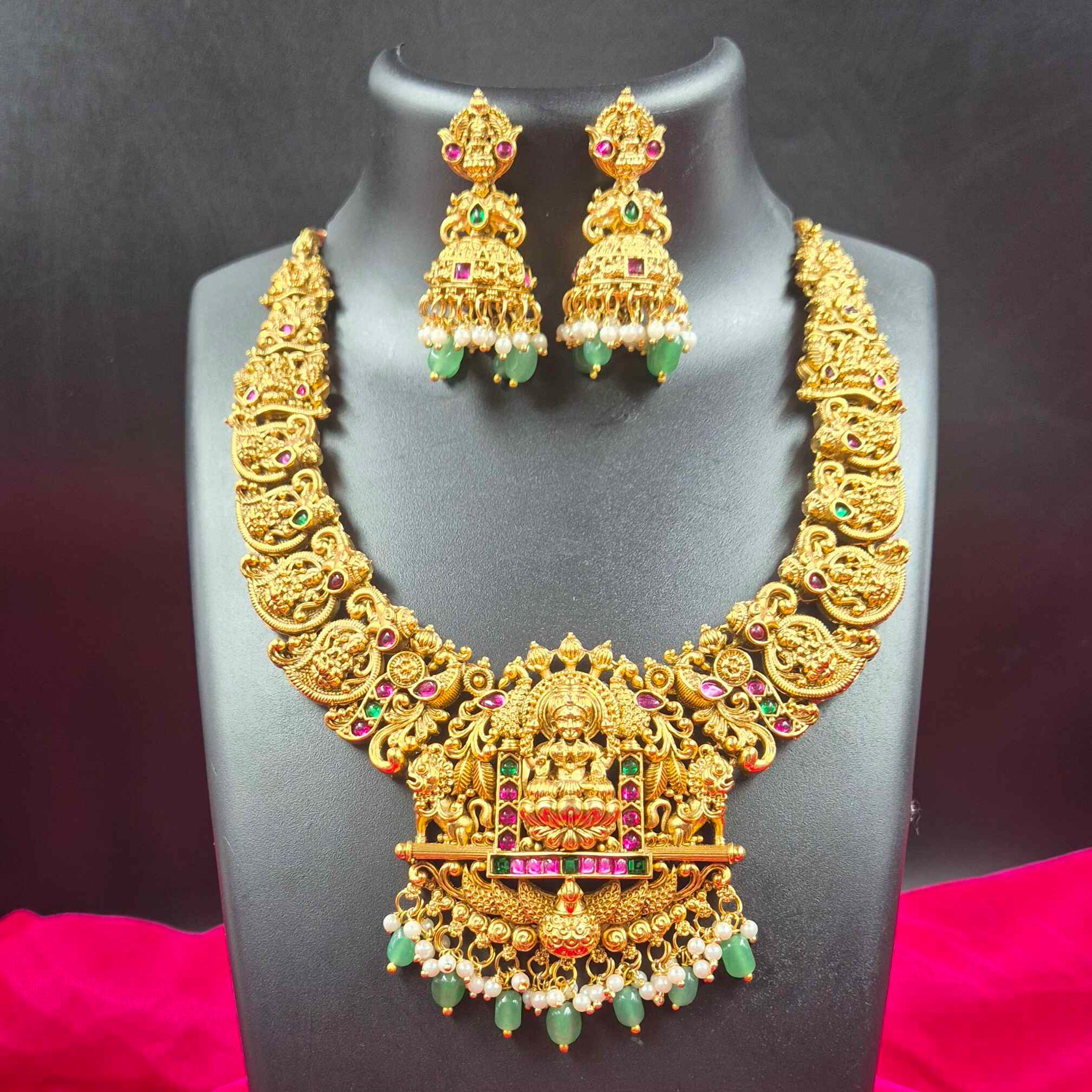 Grand Antique Lakshmi Temple Necklace Set with Green Beads & Jhumka Earrings | Bridal South Indian Jewelry