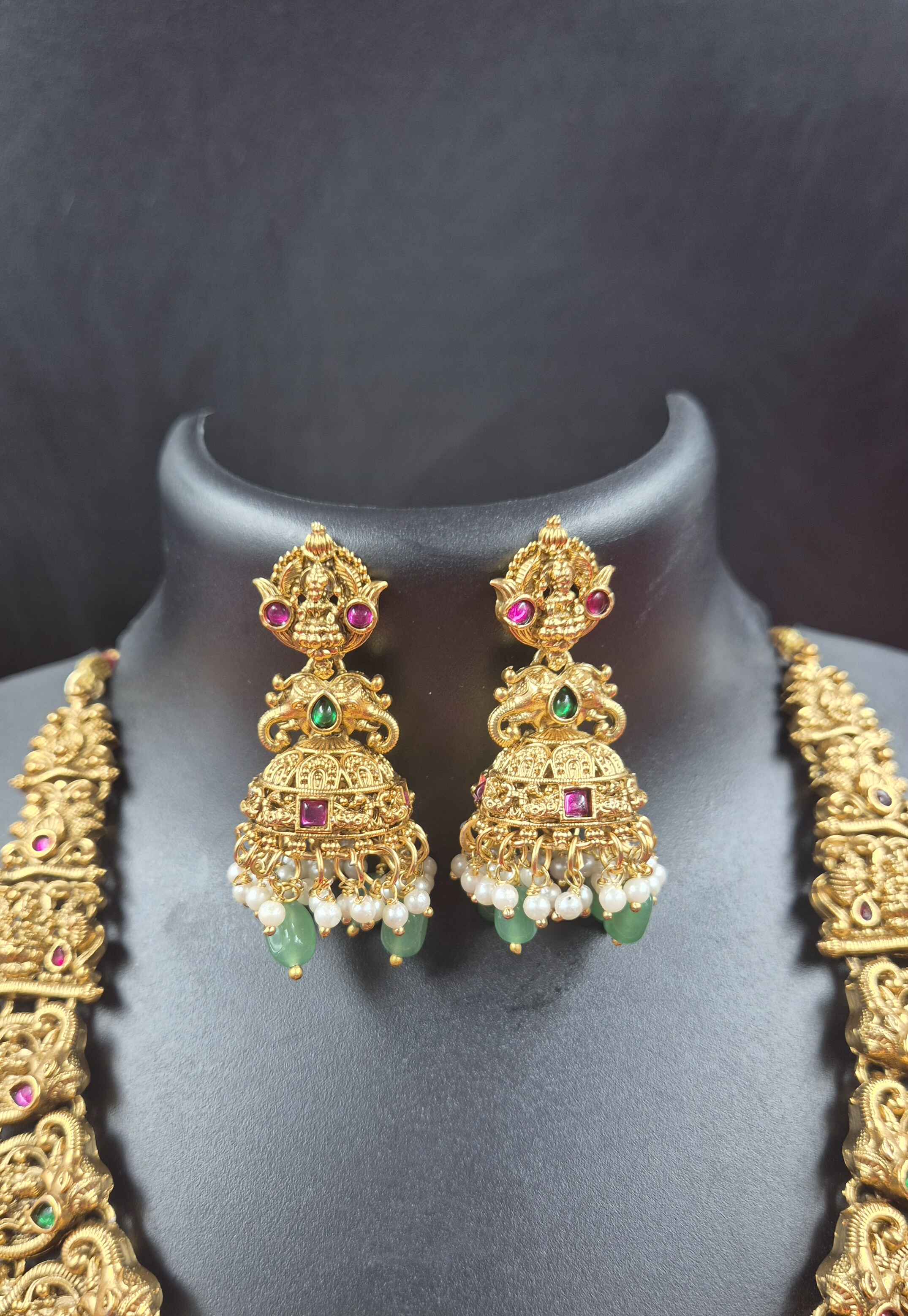 Grand Antique Lakshmi Temple Necklace Set with Green Beads & Jhumka Earrings | Bridal South Indian Jewelry