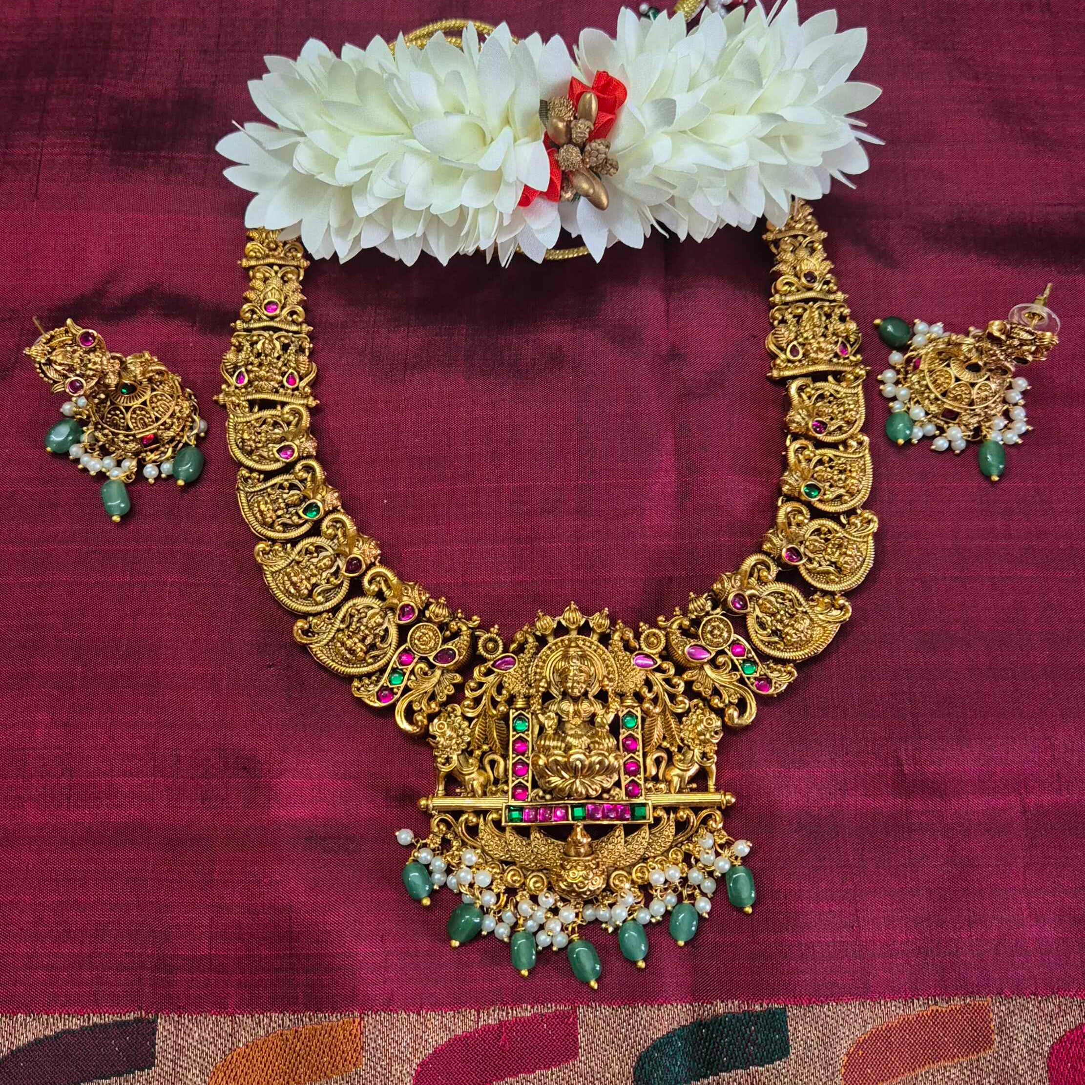 Grand Antique Lakshmi Temple Necklace Set with Green Beads & Jhumka Earrings | Bridal South Indian Jewelry