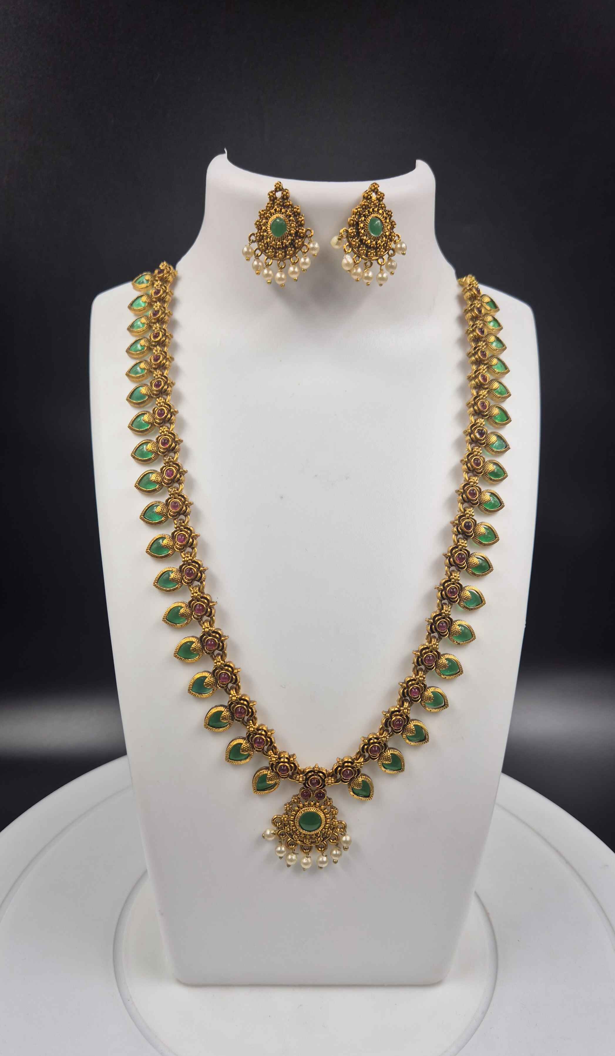 Green Palaikka Stone Long Haram Necklace Set with Pearl Drops | Traditional South Indian Jewelry