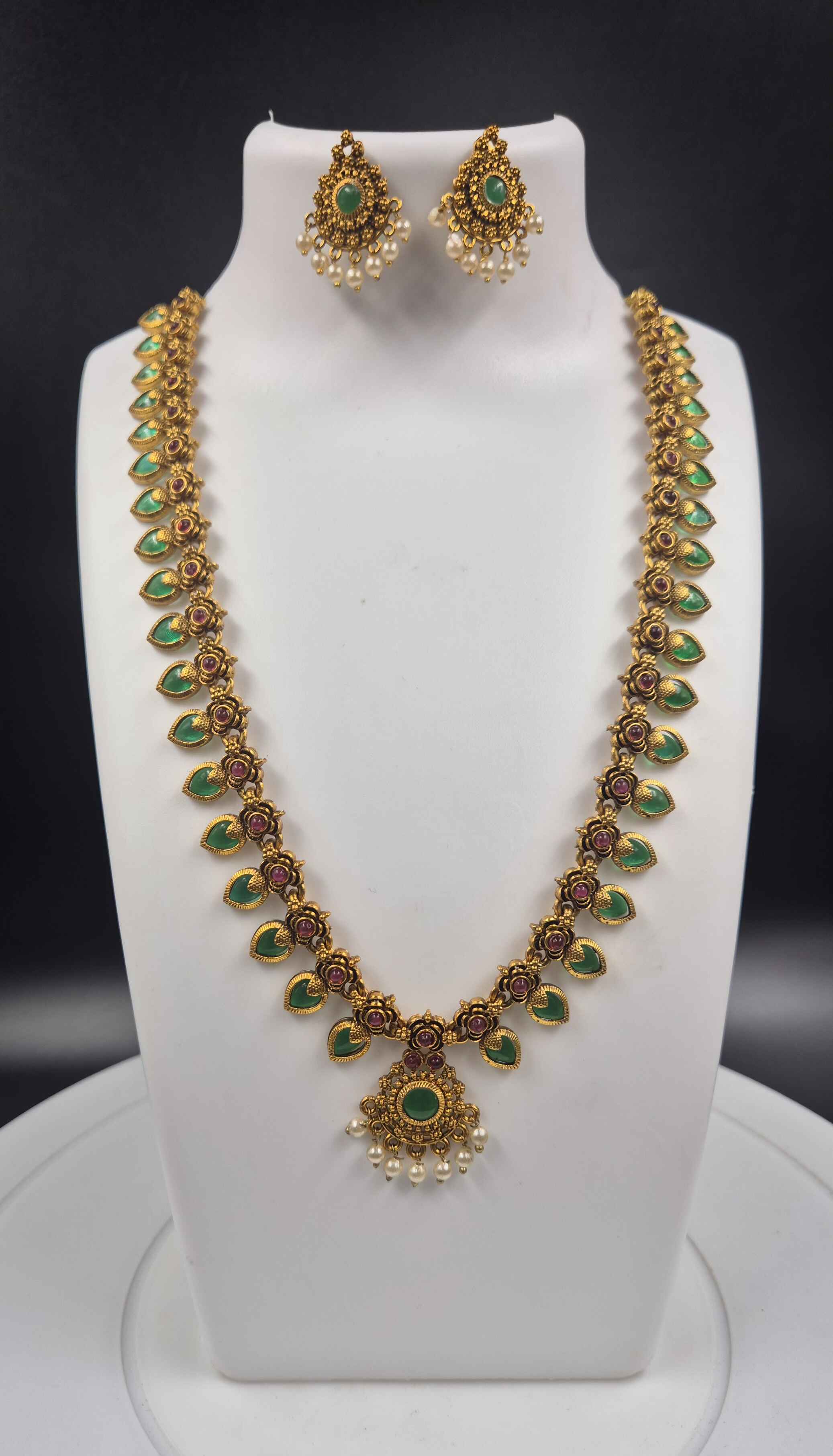 Green Palaikka Stone Long Haram Necklace Set with Pearl Drops | Traditional South Indian Jewelry