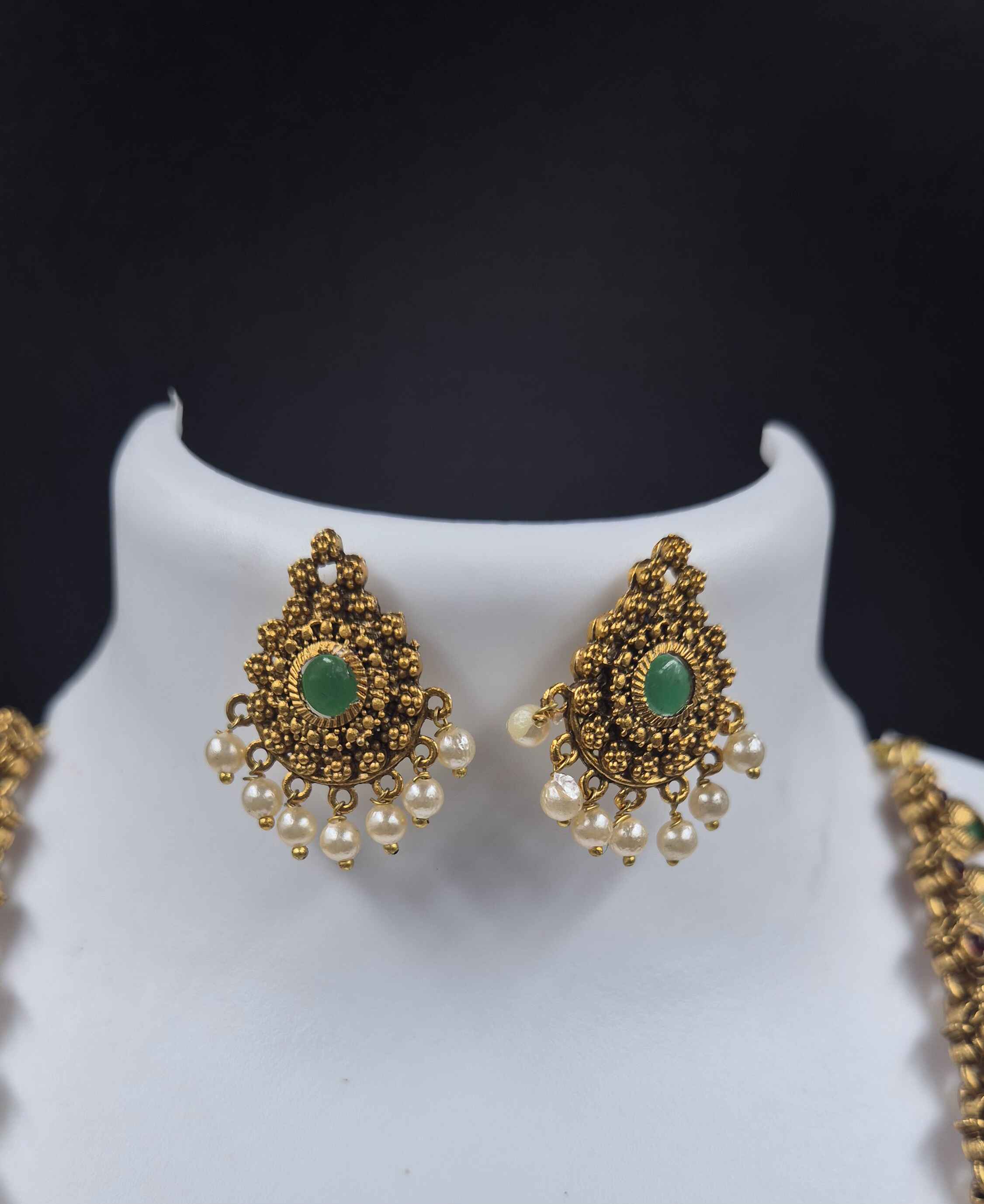 Green Palaikka Stone Long Haram Necklace Set with Pearl Drops | Traditional South Indian Jewelry