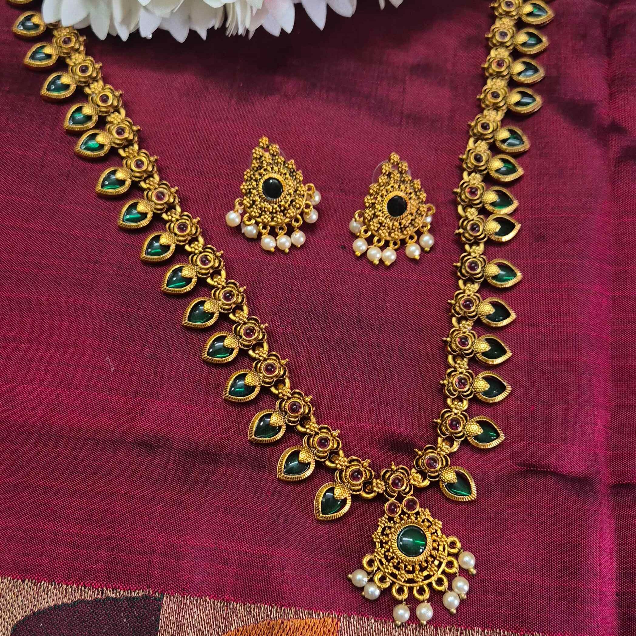 Green Palaikka Stone Long Haram Necklace Set with Pearl Drops | Traditional South Indian Jewelry