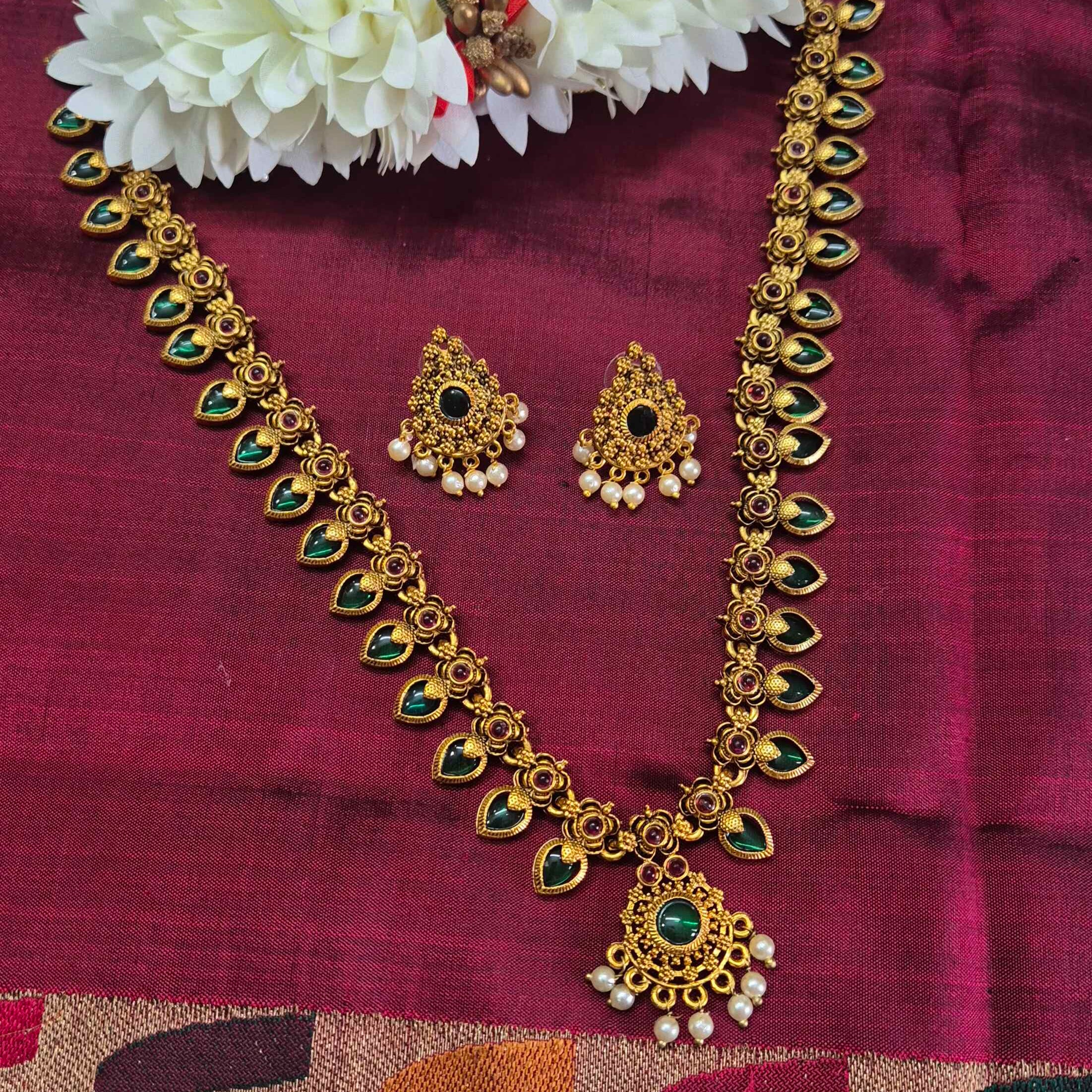 Green Palaikka Stone Long Haram Necklace Set with Pearl Drops | Traditional South Indian Jewelry