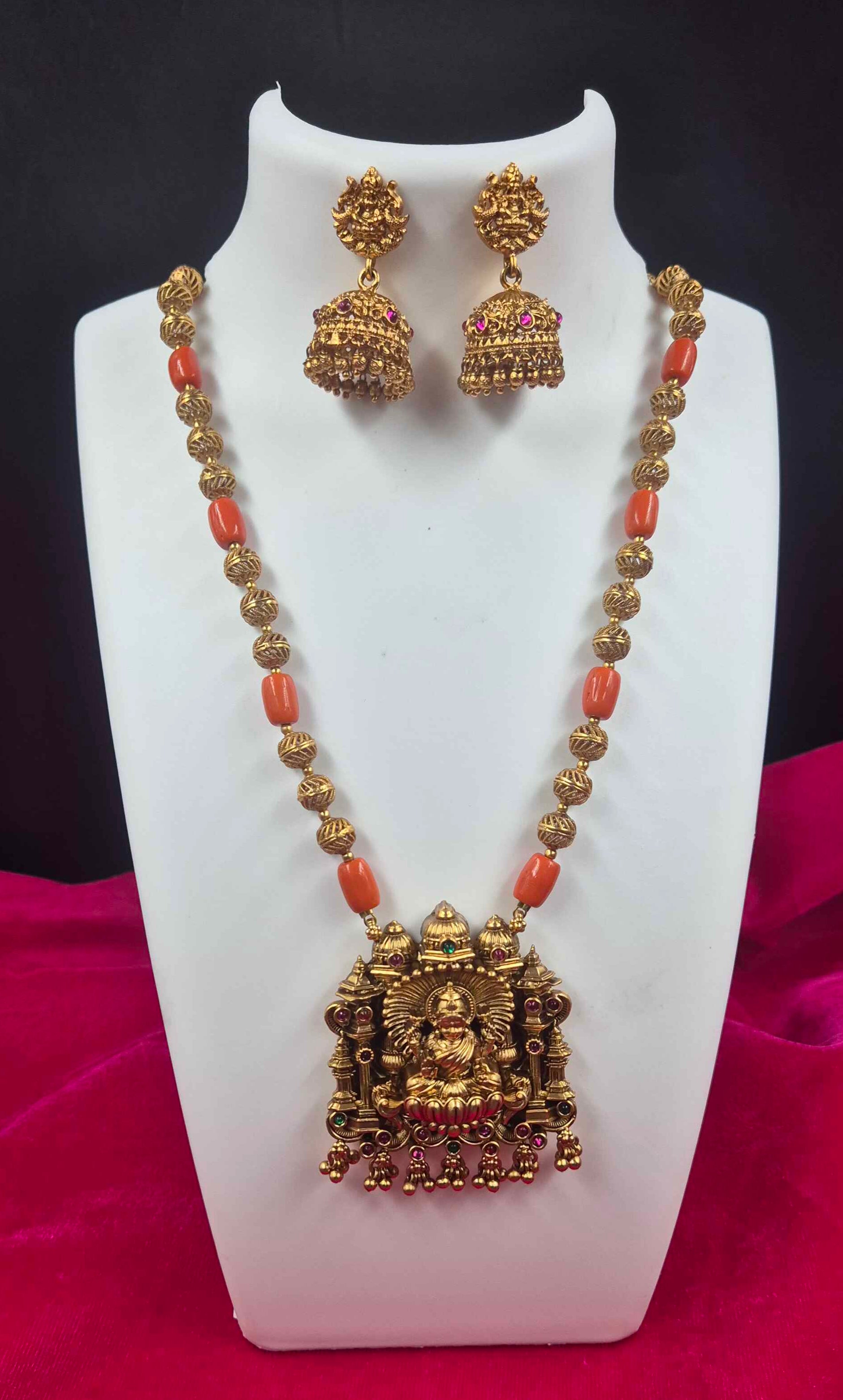 Antique Lakshmi Temple Long Haram Necklace Set with orange Coral Beads & Jhumka Earrings | Traditional South Indian Jewelry