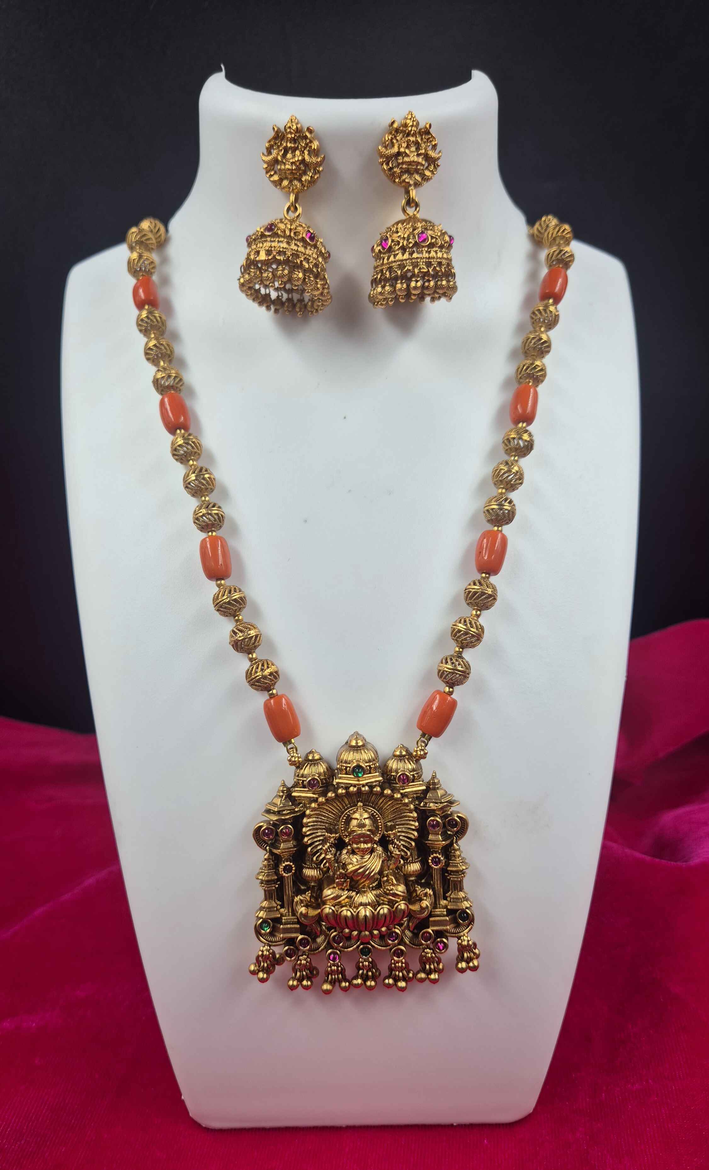 Antique Lakshmi Temple Long Haram Necklace Set with orange Coral Beads & Jhumka Earrings | Traditional South Indian Jewelry