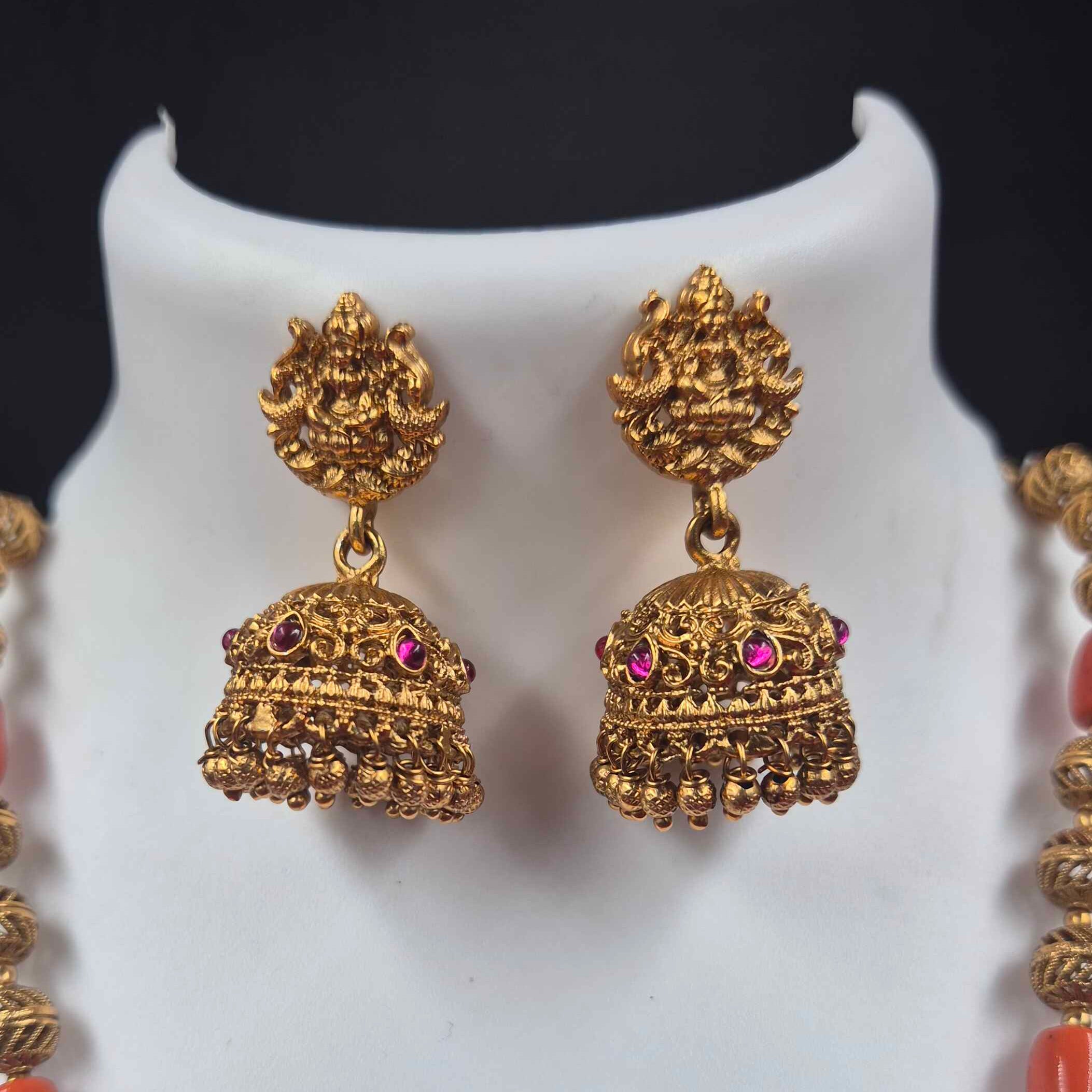 Antique Lakshmi Temple Long Haram Necklace Set with orange Coral Beads & Jhumka Earrings | Traditional South Indian Jewelry