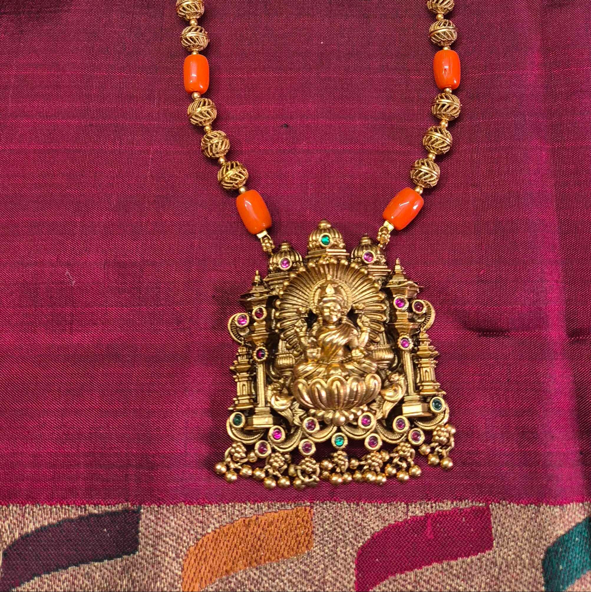 Antique Lakshmi Temple Long Haram Necklace Set with orange Coral Beads & Jhumka Earrings | Traditional South Indian Jewelry