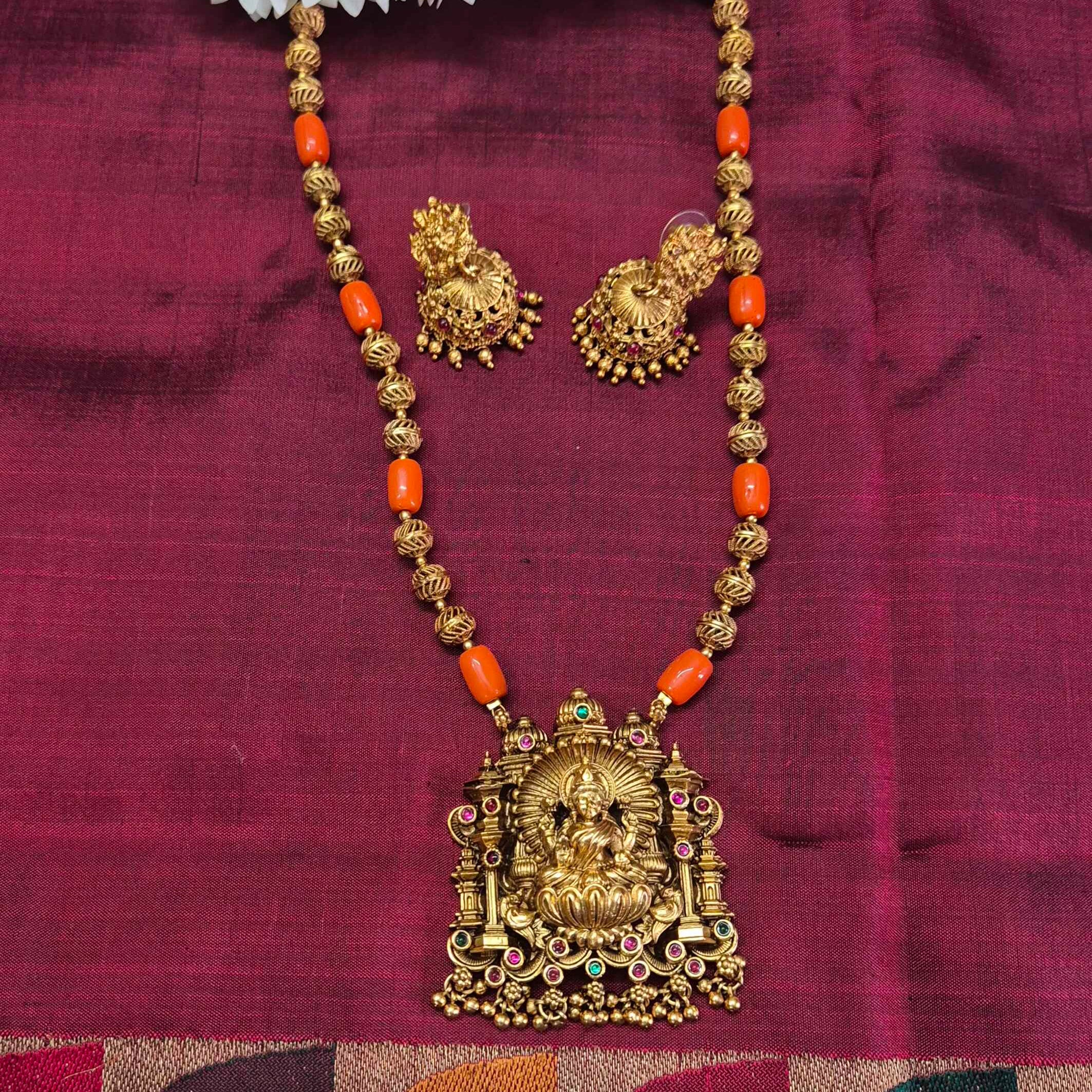 Antique Lakshmi Temple Long Haram Necklace Set with orange Coral Beads & Jhumka Earrings | Traditional South Indian Jewelry
