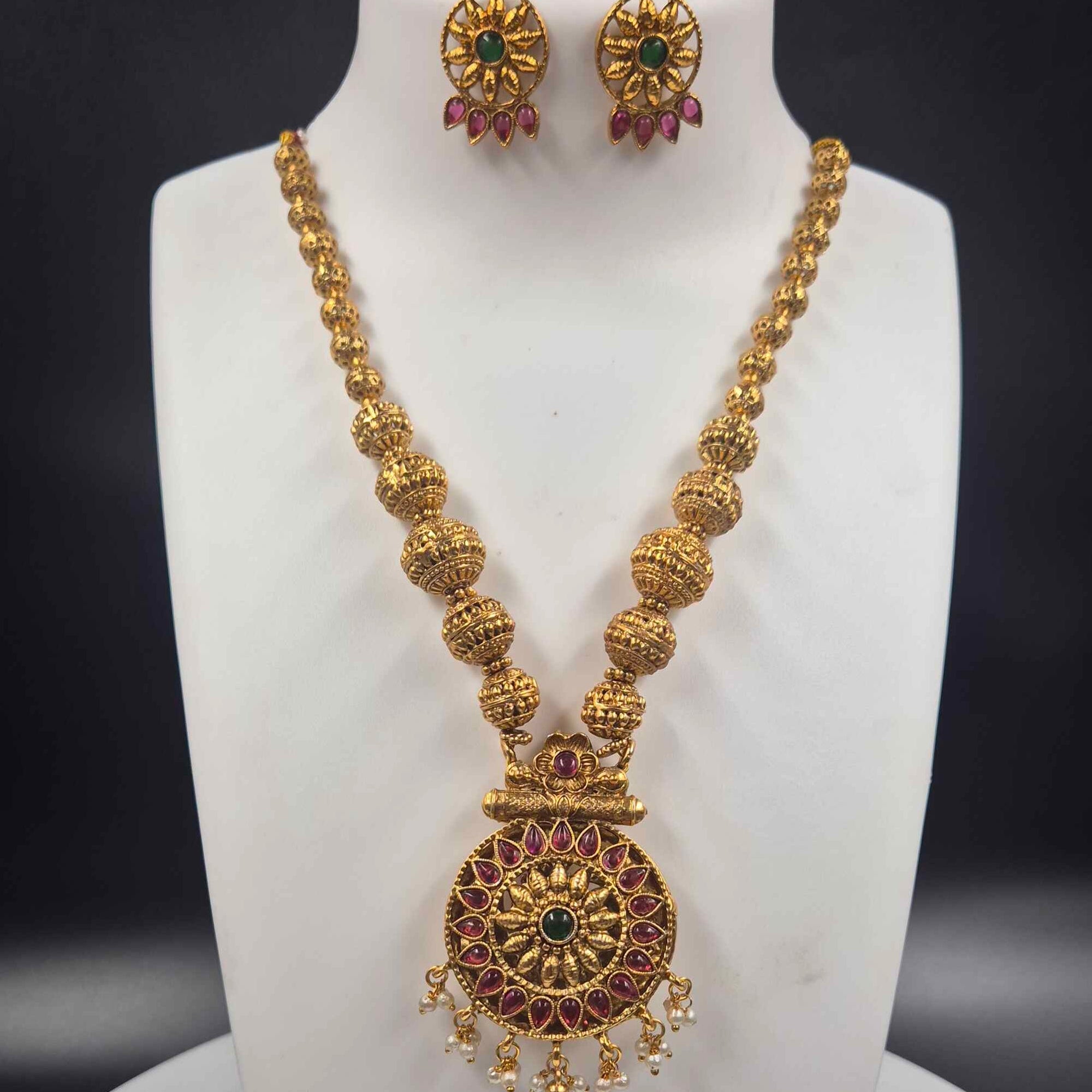 Antique Floral Pendant reversible Necklace Set with Ruby & Emerald Stones dollar and plain gold dollar | Traditional South Indian Jewelry