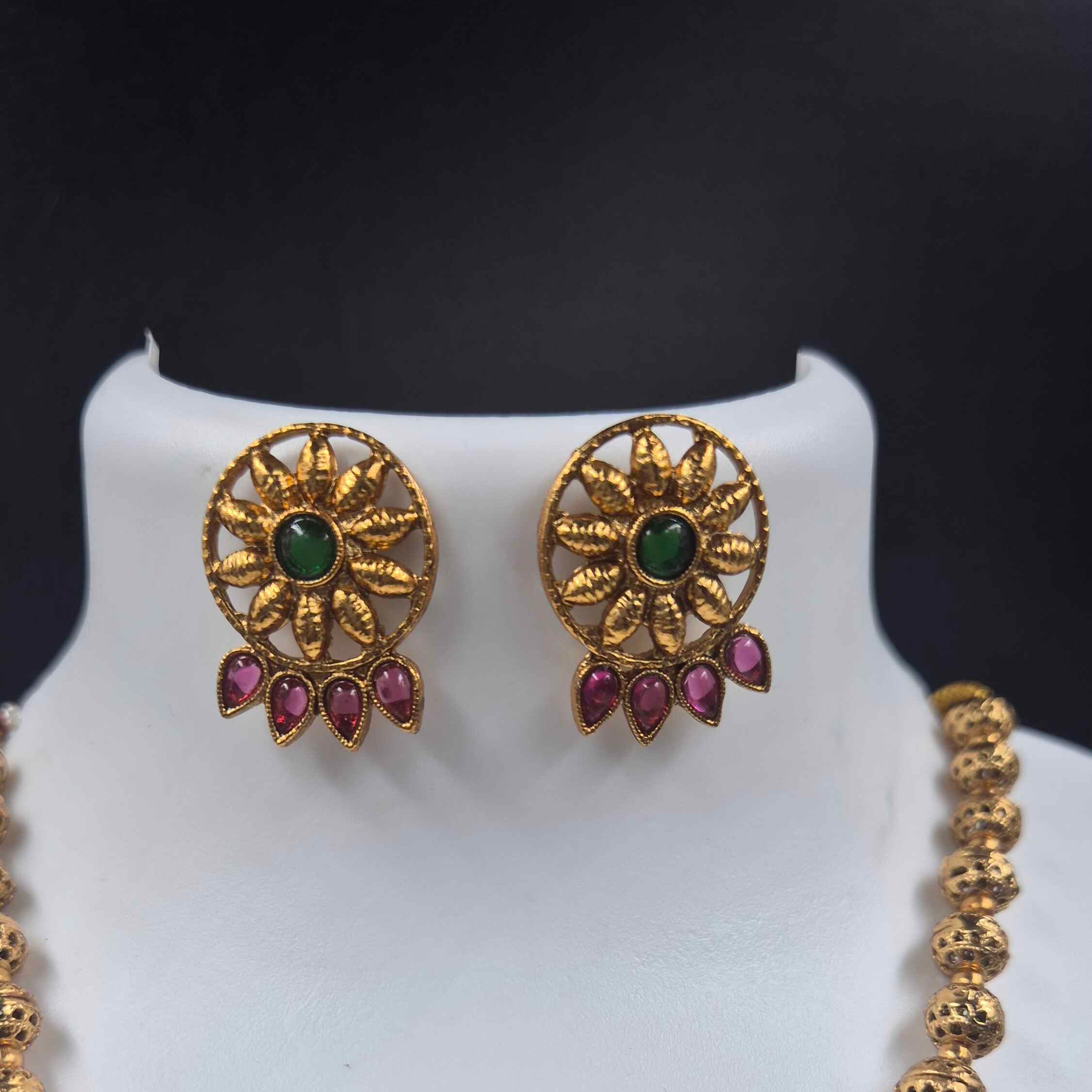 Antique Floral Pendant reversible Necklace Set with Ruby & Emerald Stones dollar and plain gold dollar | Traditional South Indian Jewelry