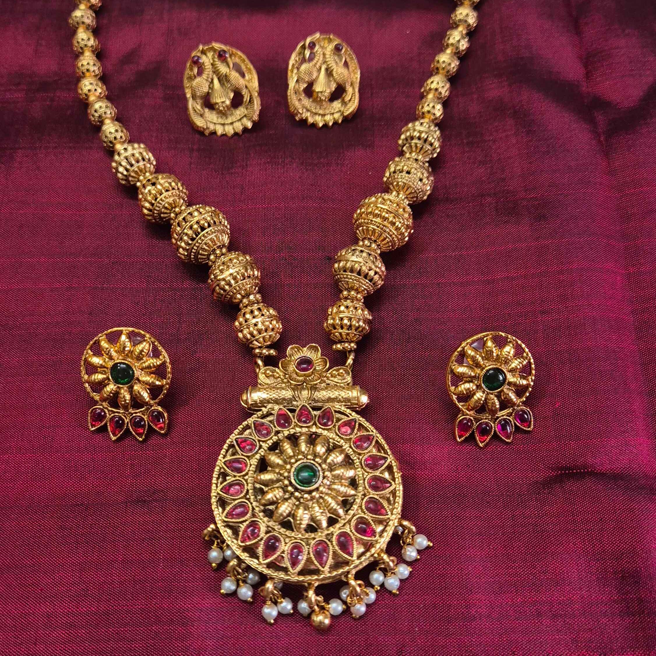 Antique Floral Pendant reversible Necklace Set with Ruby & Emerald Stones dollar and plain gold dollar | Traditional South Indian Jewelry