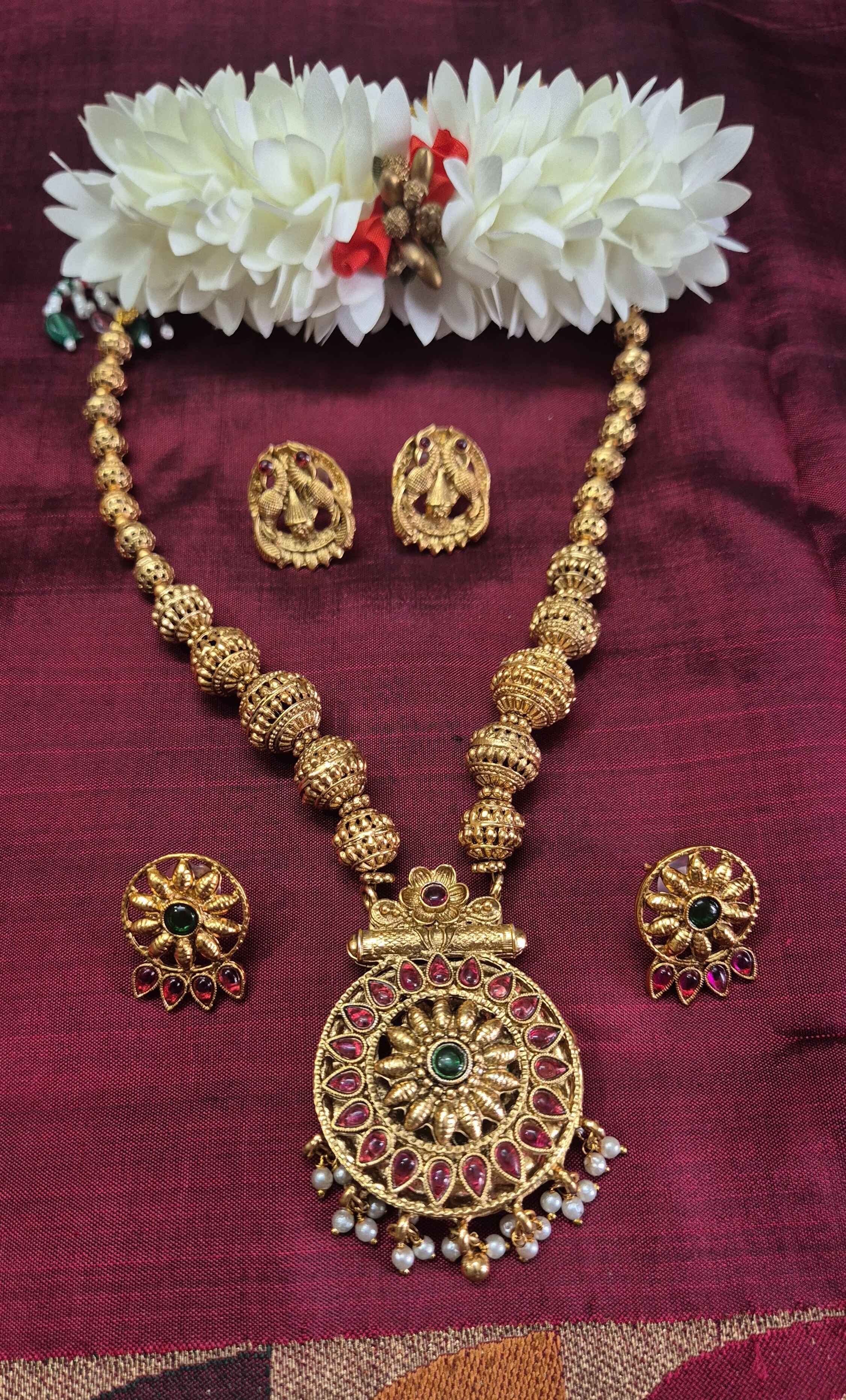 Antique Floral Pendant reversible Necklace Set with Ruby & Emerald Stones dollar and plain gold dollar | Traditional South Indian Jewelry