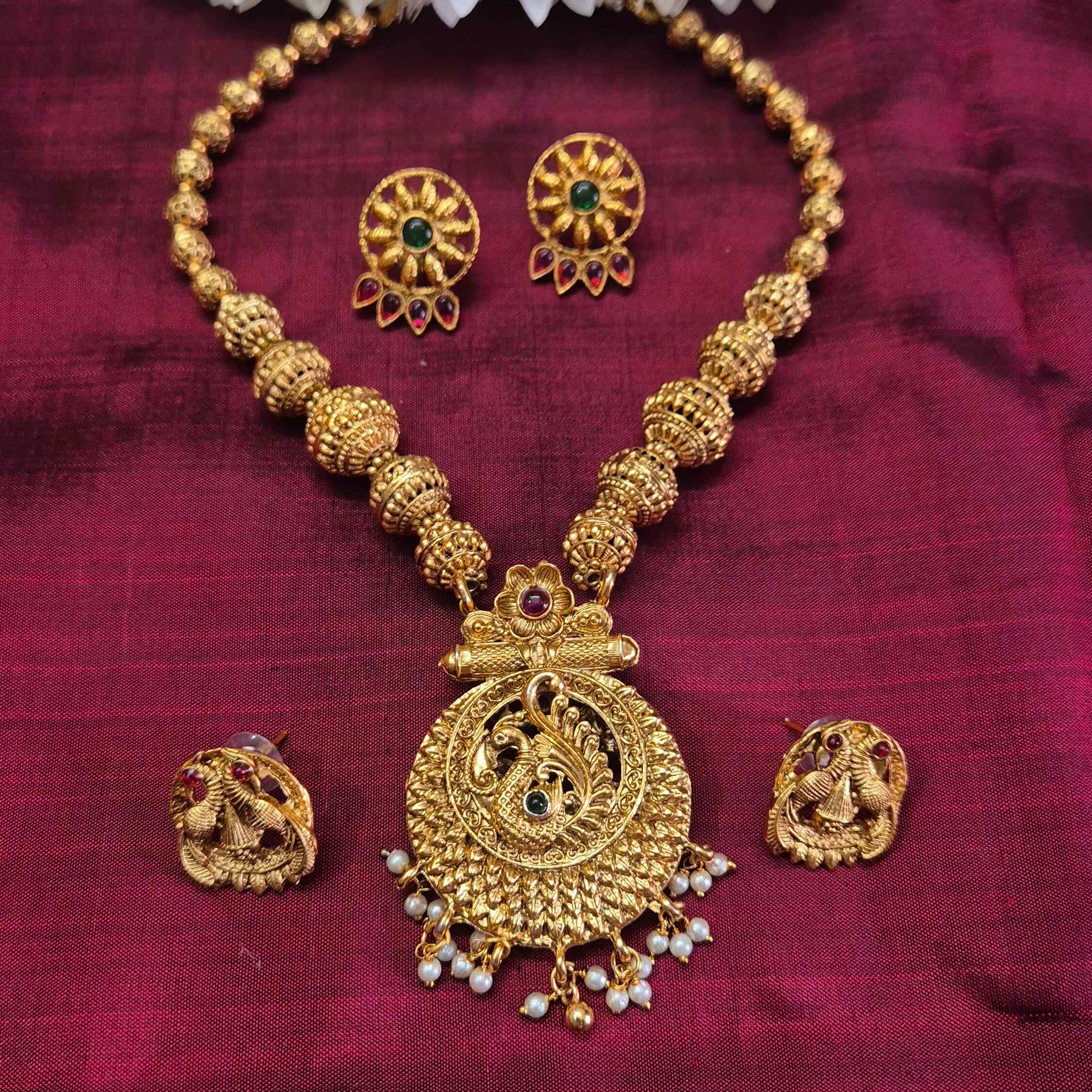 Antique Floral Pendant reversible Necklace Set with Ruby & Emerald Stones dollar and plain gold dollar | Traditional South Indian Jewelry