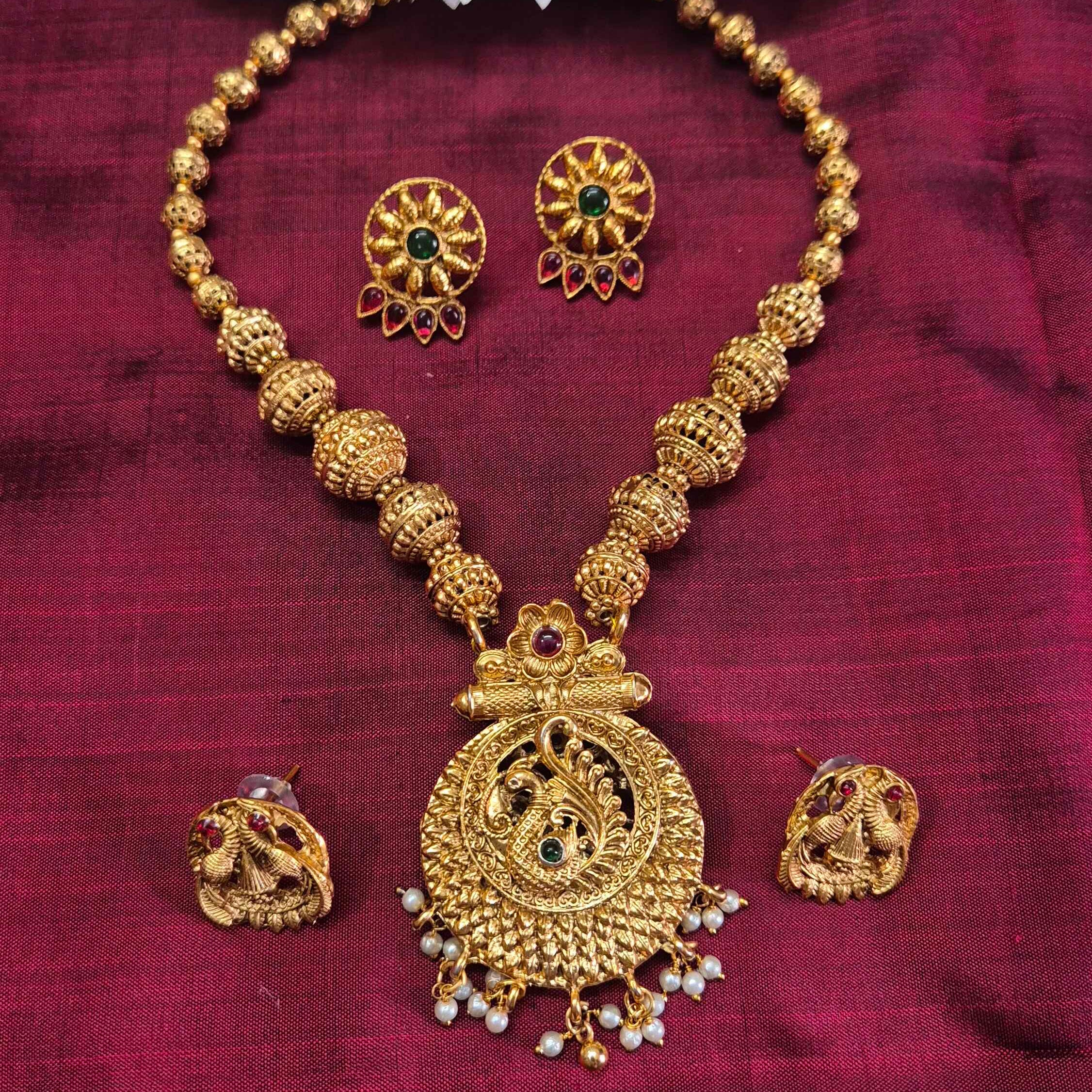 Antique Floral Pendant reversible Necklace Set with Ruby & Emerald Stones dollar and plain gold dollar | Traditional South Indian Jewelry