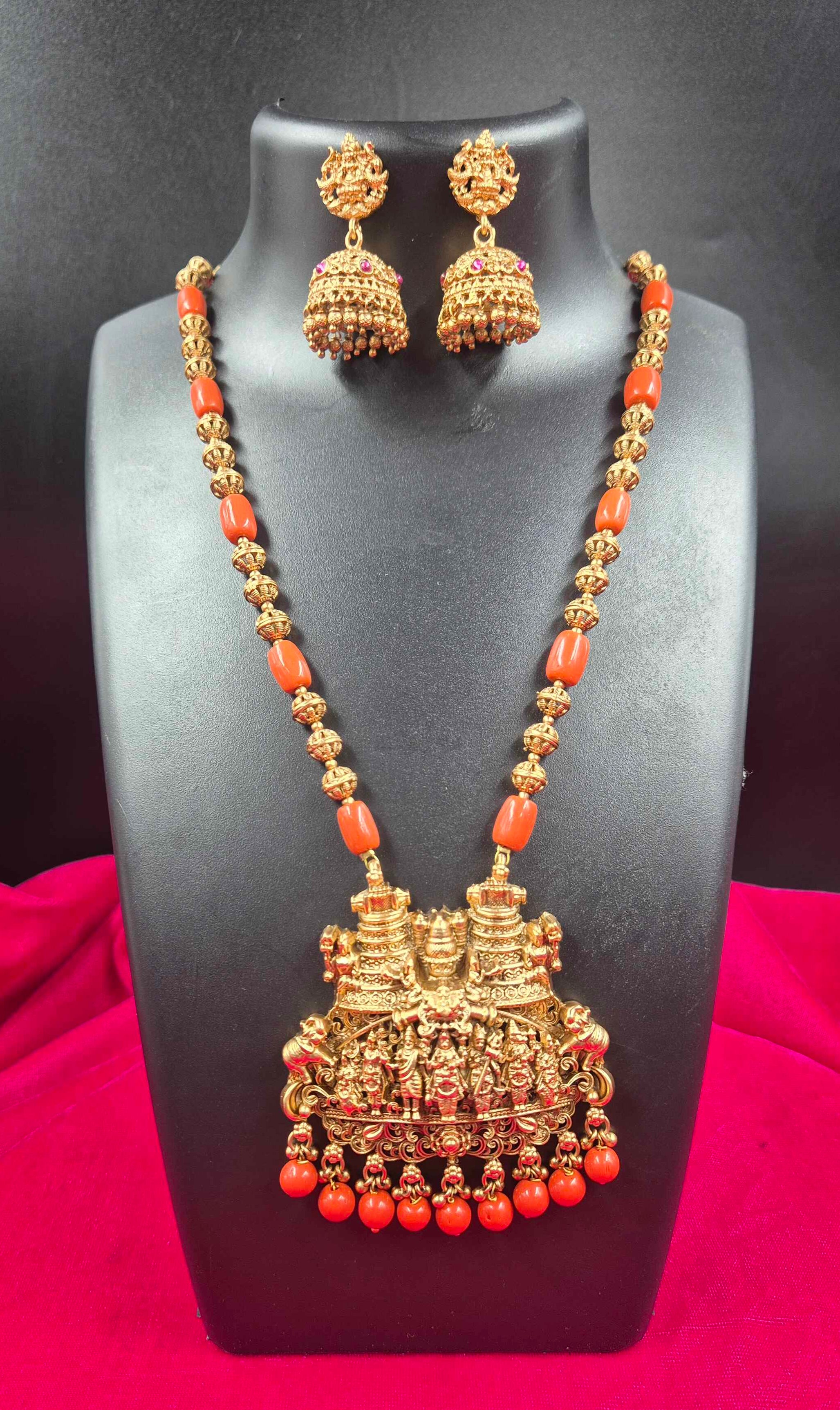 Antique Temple Dasavatharam  dollar Haram  Set with orange Coral Beads | South Indian Jewelry