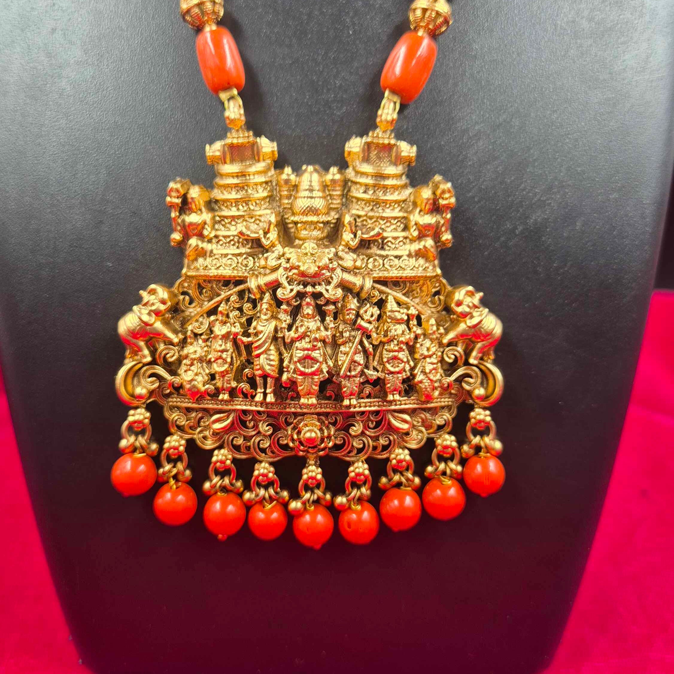 Antique Temple Dasavatharam  dollar Haram  Set with orange Coral Beads | South Indian Jewelry