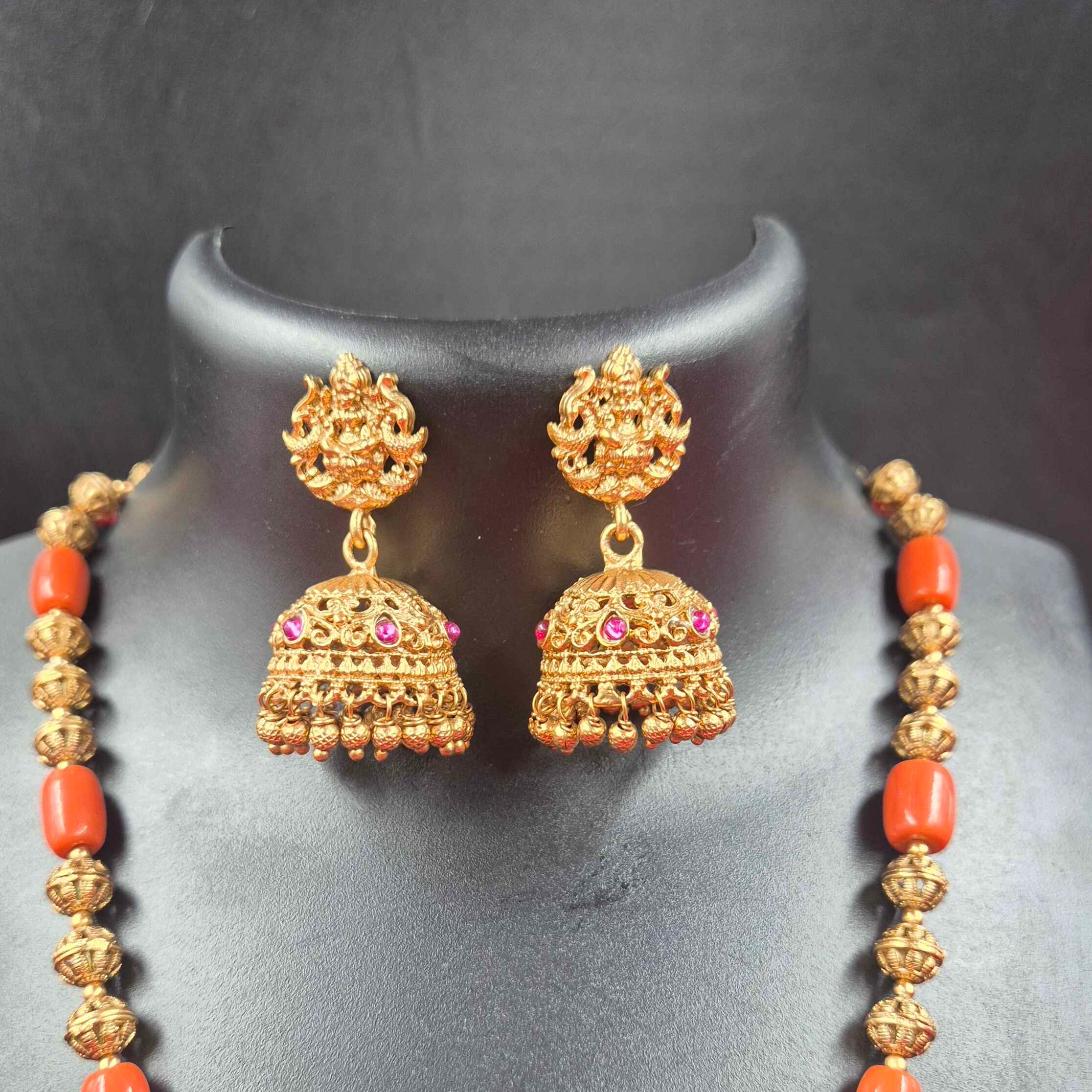 Antique Temple Dasavatharam  dollar Haram  Set with orange Coral Beads | South Indian Jewelry