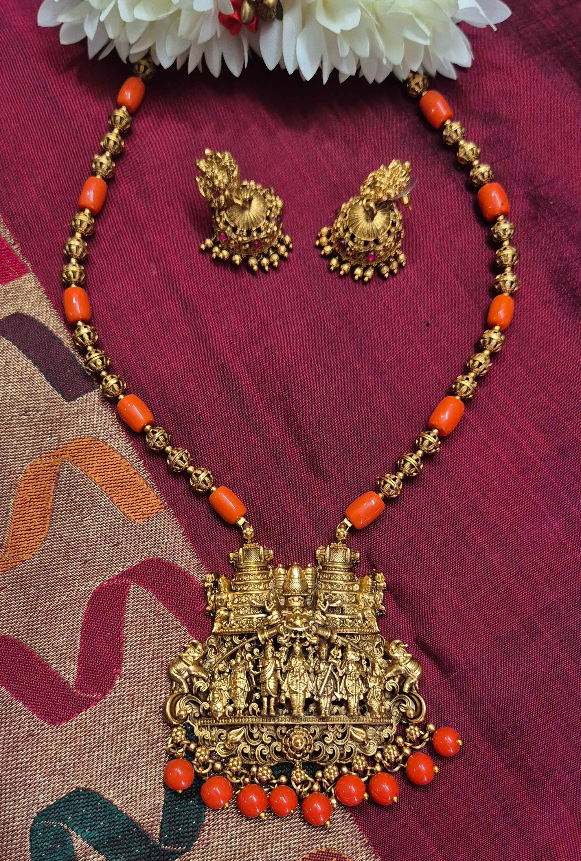 Antique Temple Dasavatharam  dollar Haram  Set with orange Coral Beads | South Indian Jewelry