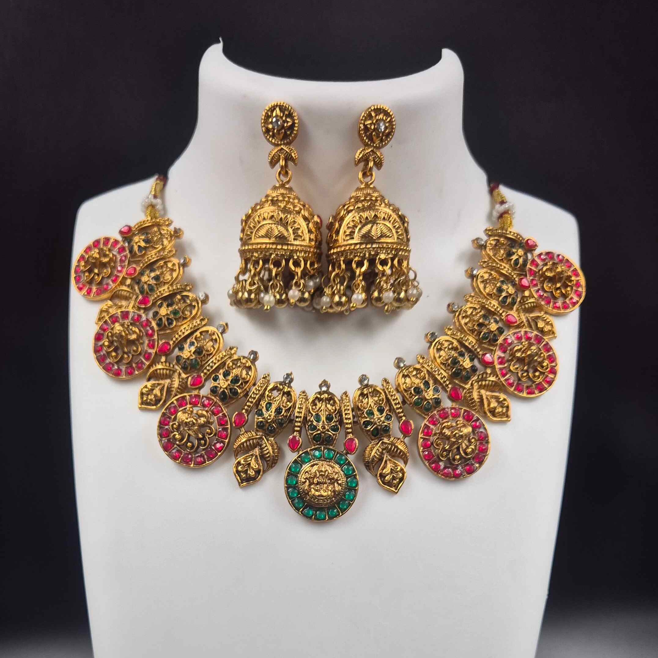 Antique Lakshmi Temple Choker Necklace Set with Ruby & Emerald Stones | Traditional Bridal Jewelry