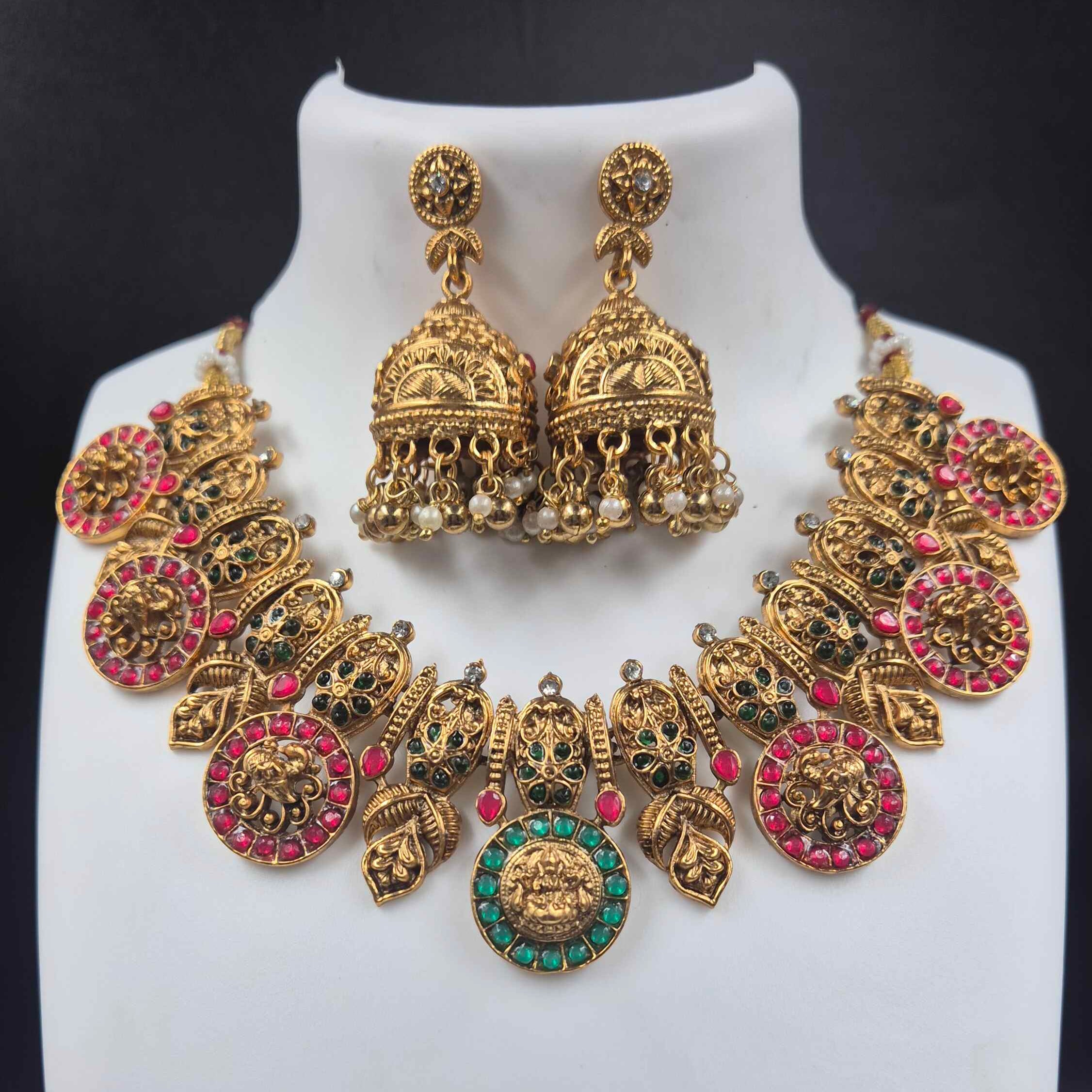 Antique Lakshmi Temple Choker Necklace Set with Ruby & Emerald Stones | Traditional Bridal Jewelry