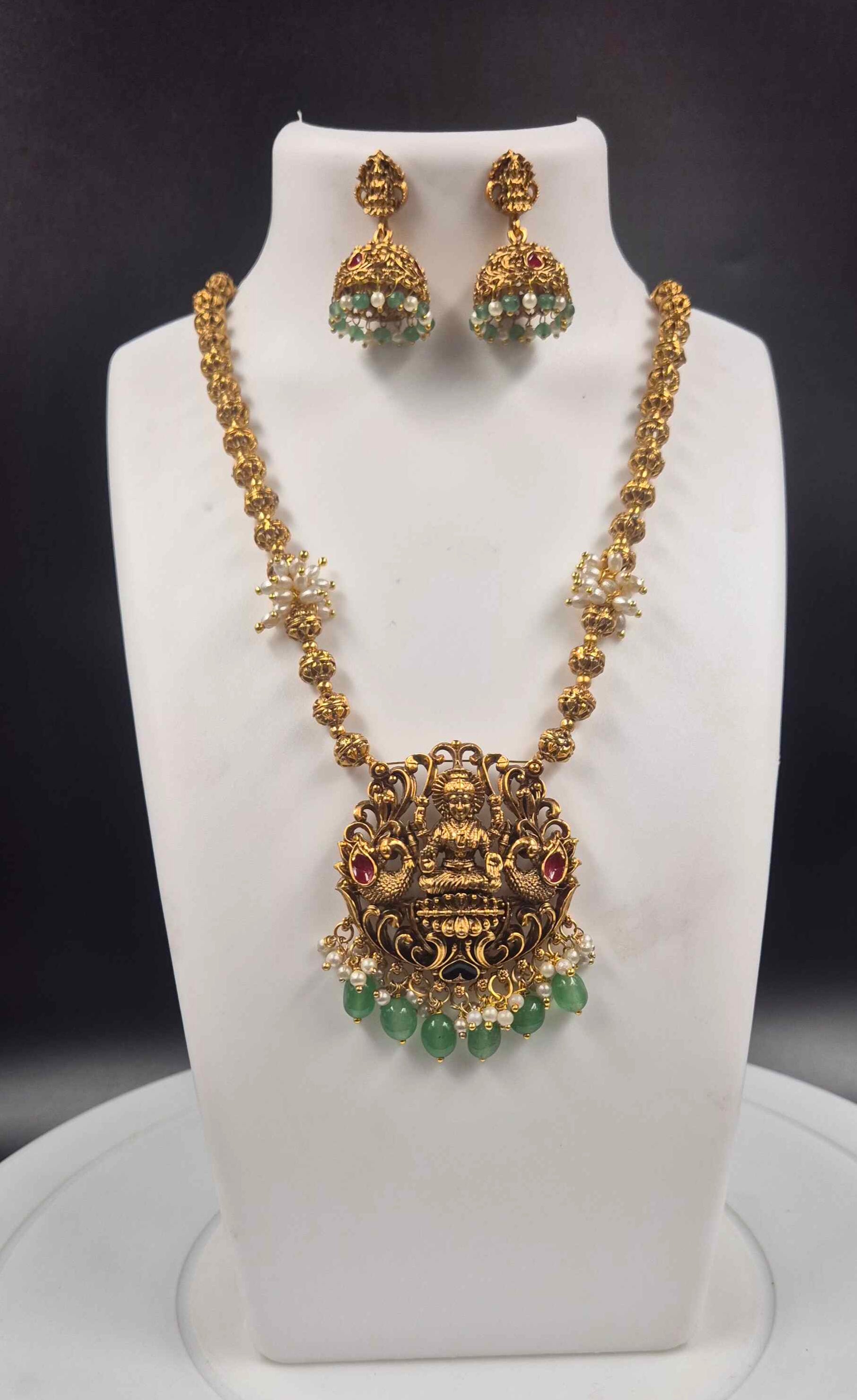Antique Lakshmi Pendant Long Necklace Set with Green Beads & Peacock Motifs | Traditional Temple Jewelry