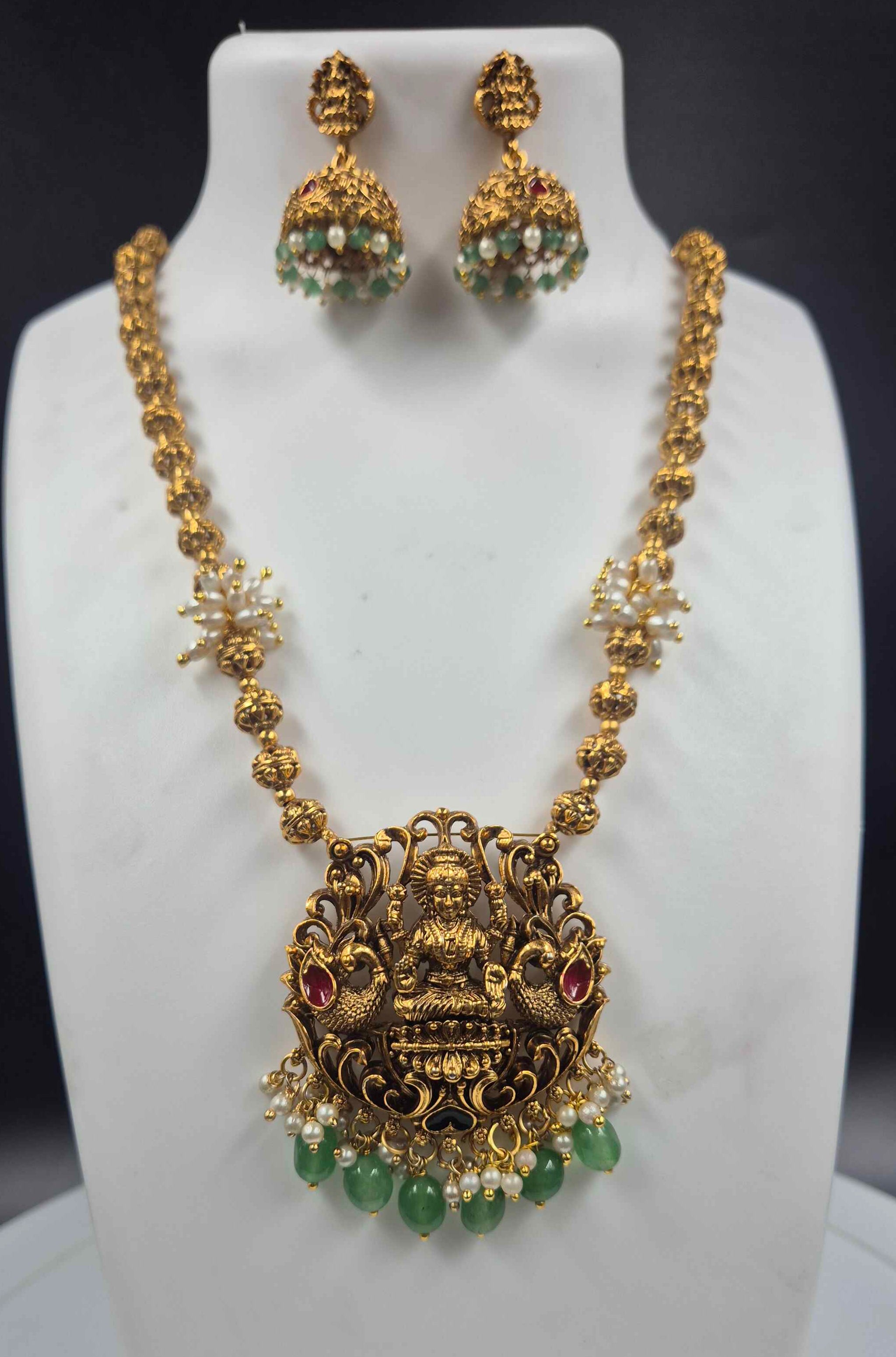 Antique Lakshmi Pendant Long Necklace Set with Green Beads & Peacock Motifs | Traditional Temple Jewelry