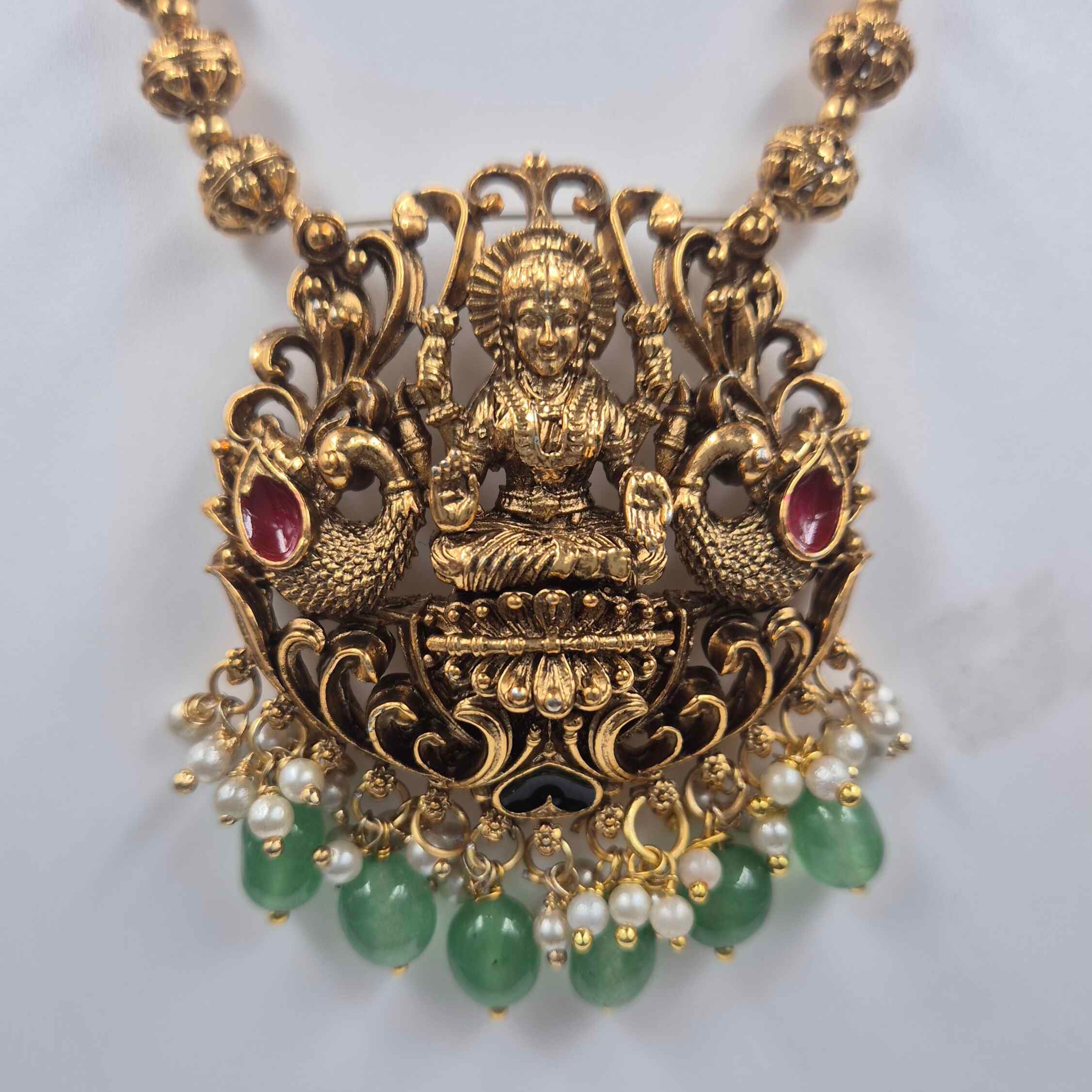Antique Lakshmi Pendant Long Necklace Set with Green Beads & Peacock Motifs | Traditional Temple Jewelry