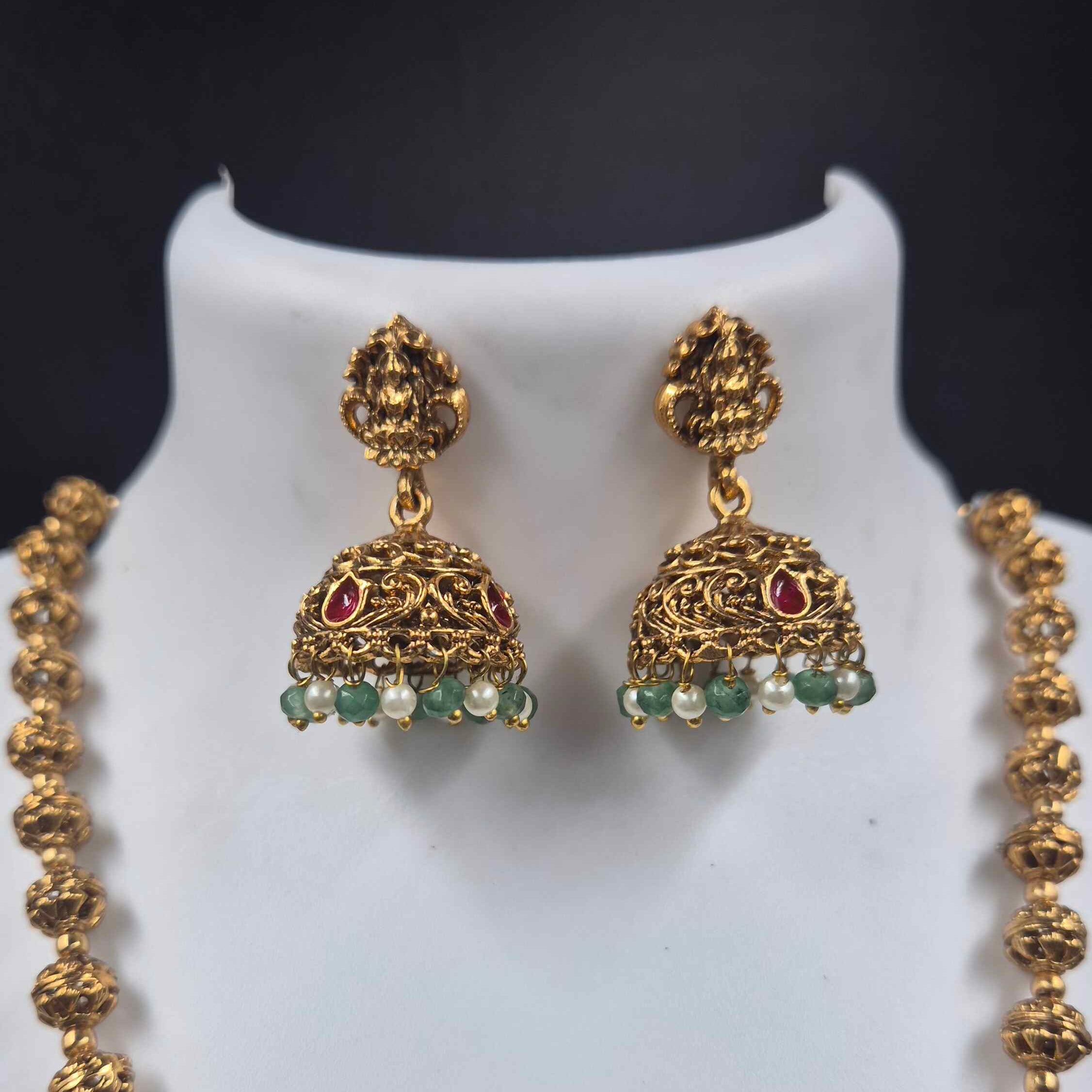 Antique Lakshmi Pendant Long Necklace Set with Green Beads & Peacock Motifs | Traditional Temple Jewelry