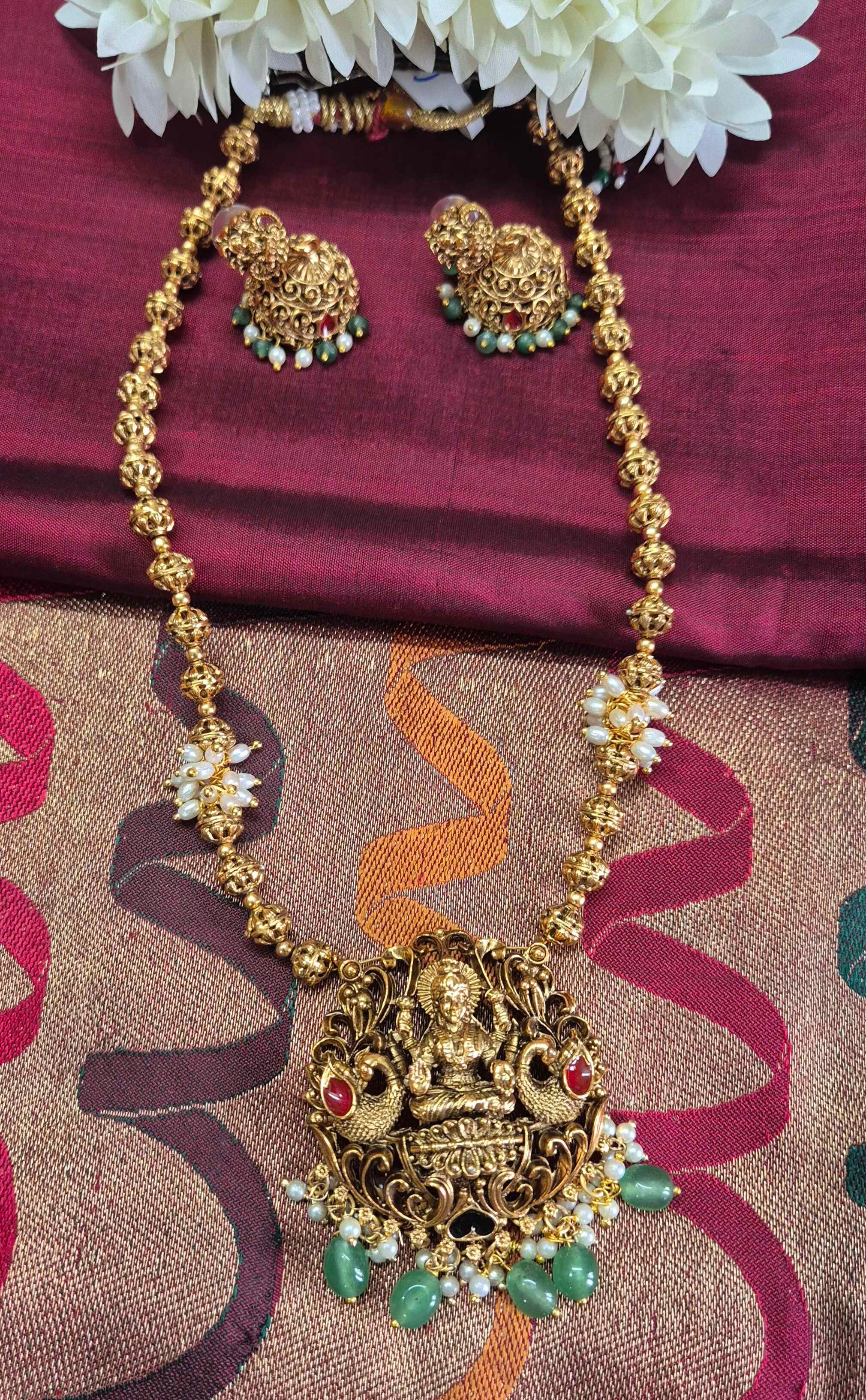 Antique Lakshmi Pendant Long Necklace Set with Green Beads & Peacock Motifs | Traditional Temple Jewelry