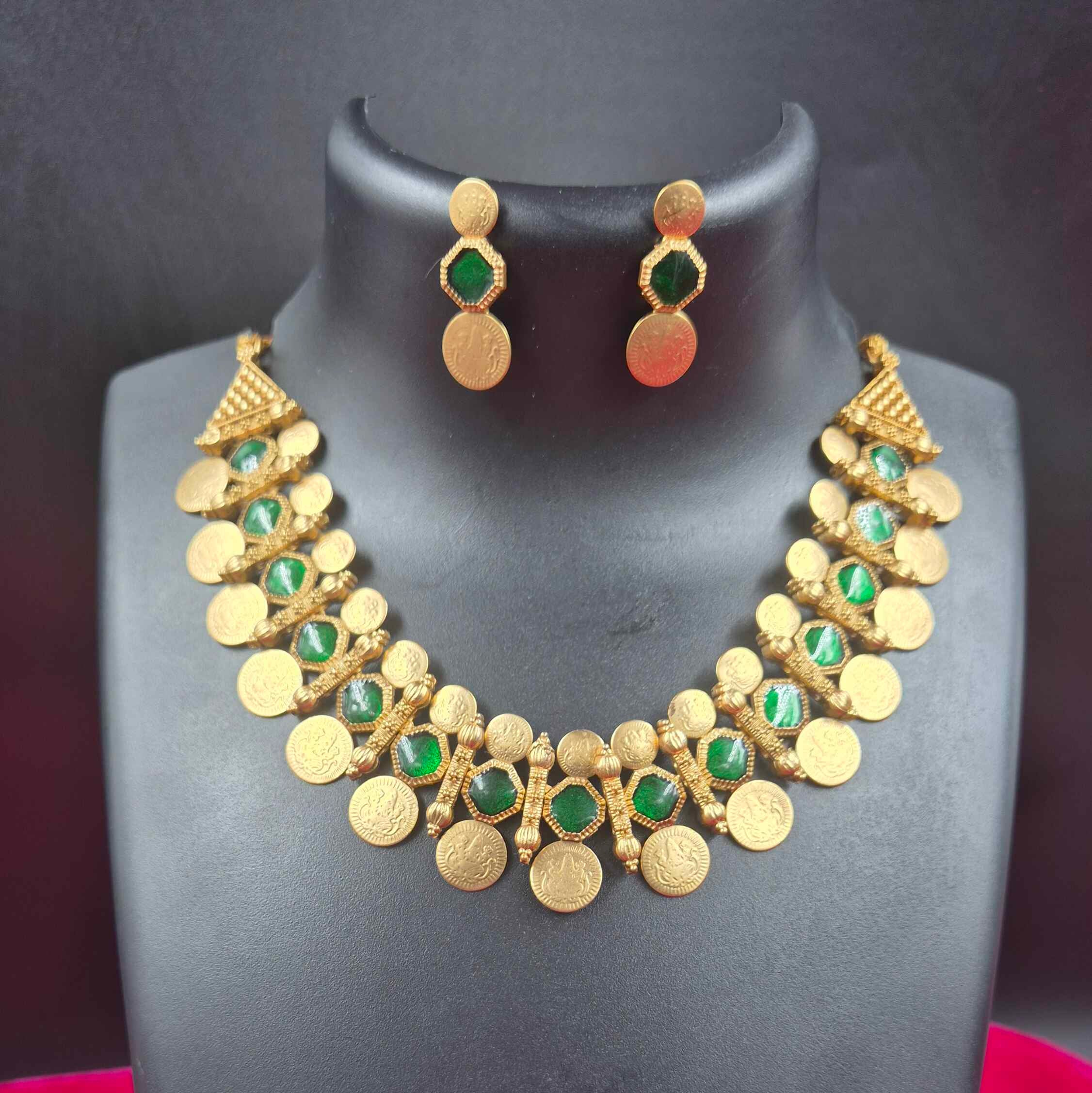 Antique Coin Necklace Set with Green Stones | Traditional Kasu Mala Choker Jewelry for Women