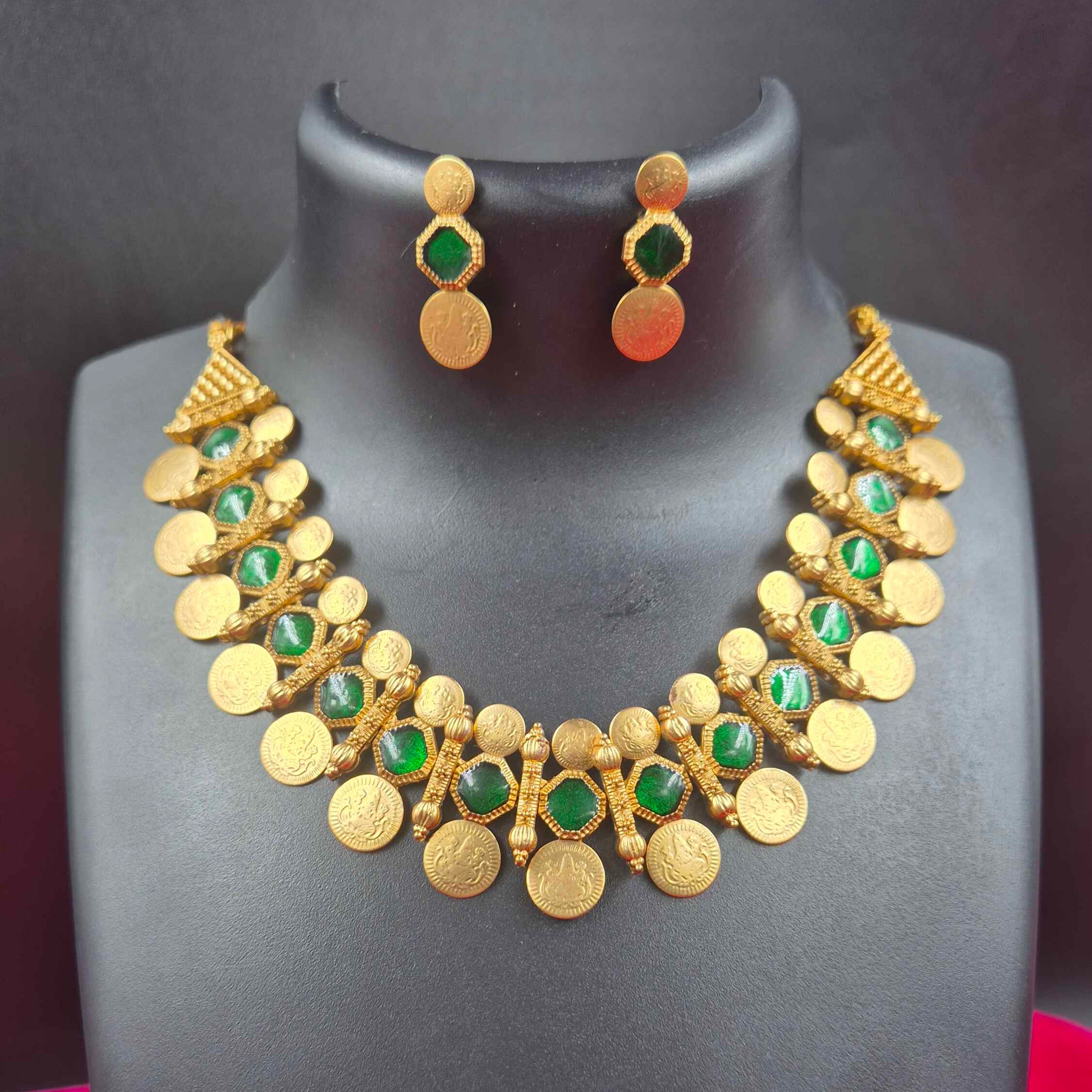 Antique Coin Necklace Set with Green Stones | Traditional Kasu Mala Choker Jewelry for Women