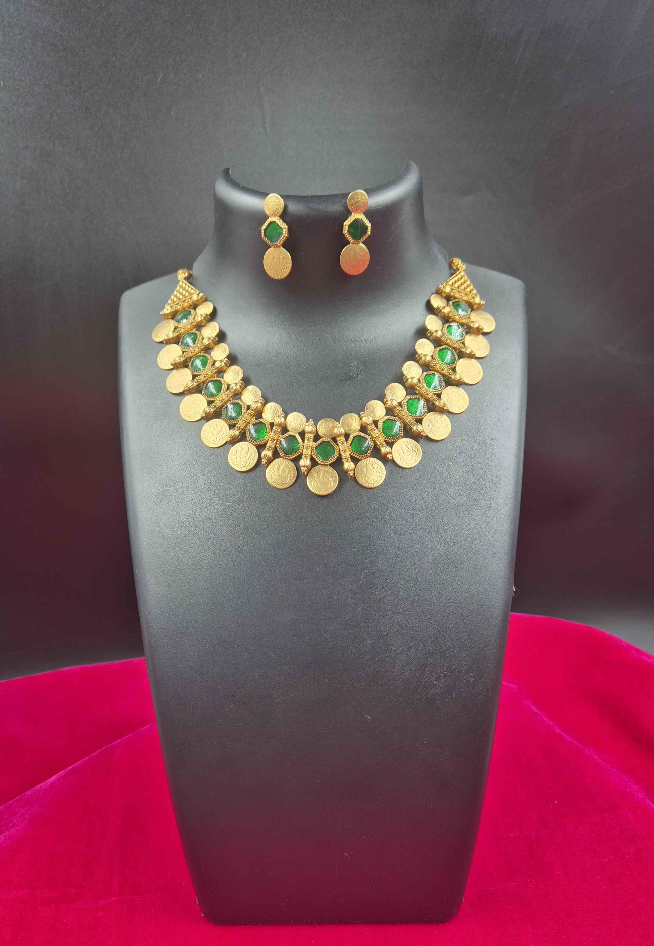 Antique Coin Necklace Set with Green Stones | Traditional Kasu Mala Choker Jewelry for Women